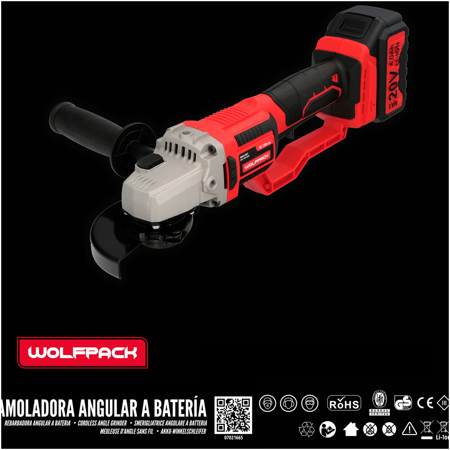 Amoladora A Bateria 20 Volt. Con Bateria 4.0 Ah. Ø 115 mm. 7.000 R.P.M. Mango 3 Posiciones Eje M14 Protector Disco Ajustable