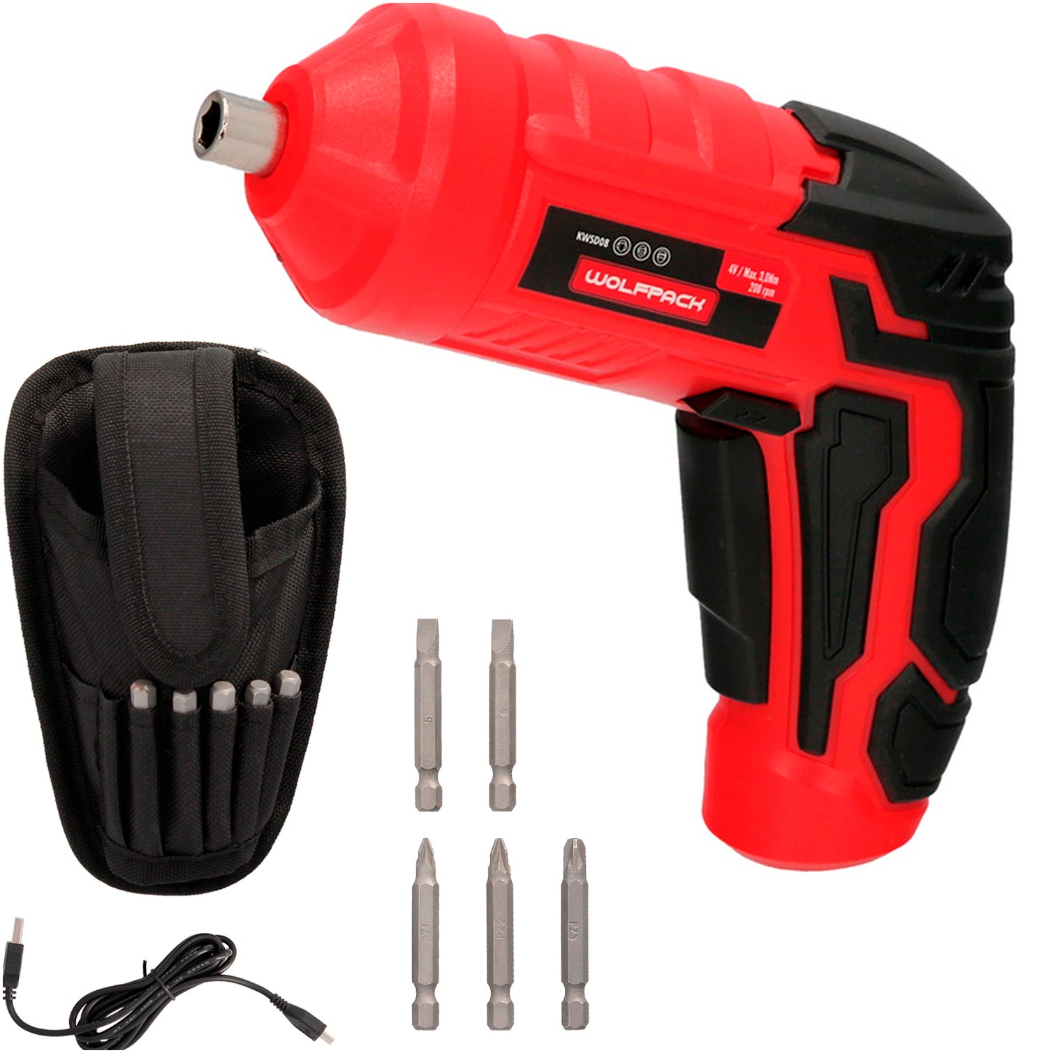 Atornillador 4 V. Con Led, Funda y 5 Destorpuntas, Bateria Recargable USB