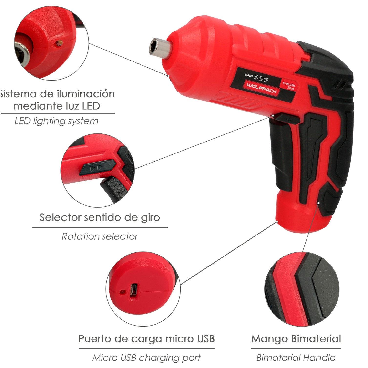 Atornillador 4 V. Con Led, Funda y 5 Destorpuntas, Bateria Recargable USB