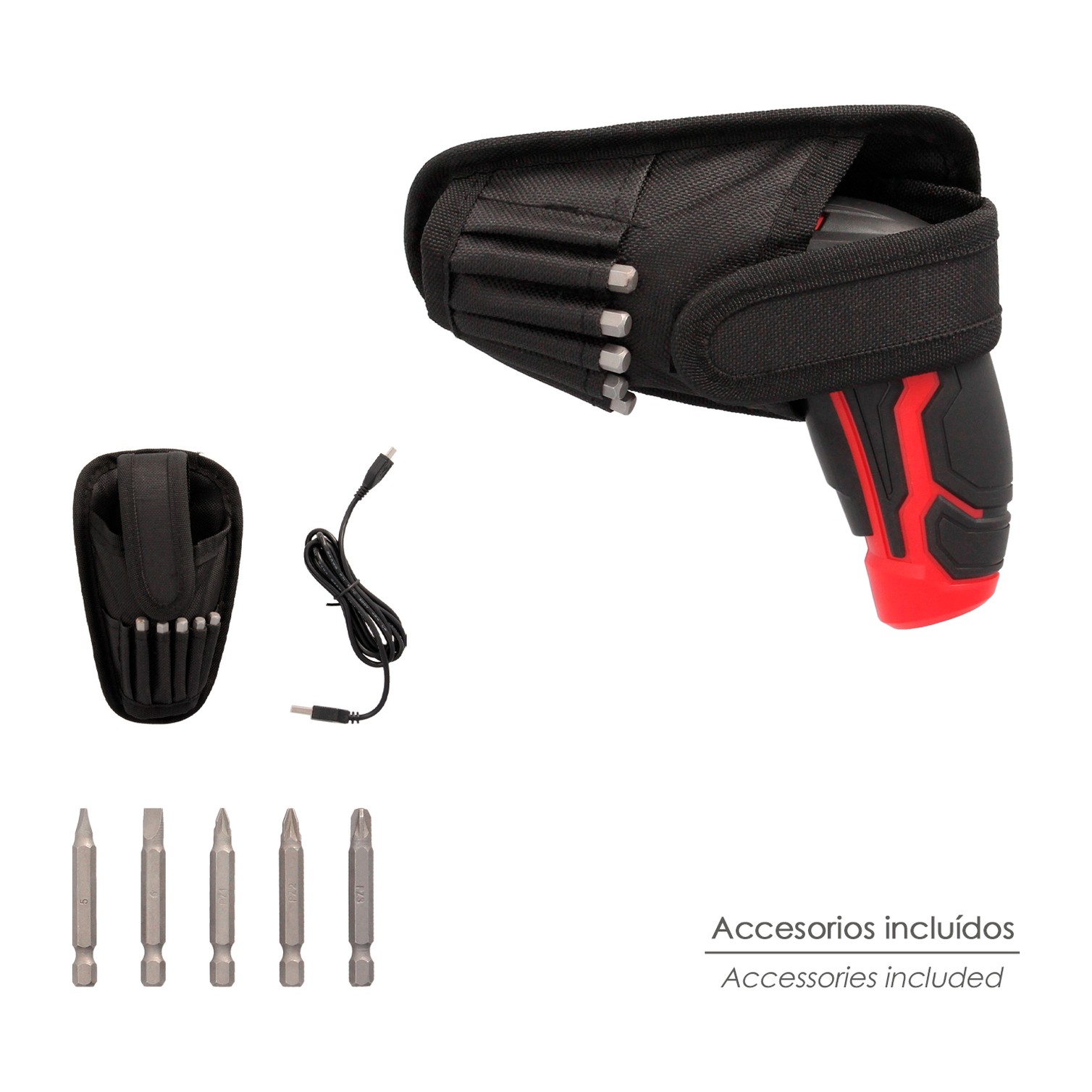Atornillador 4 V. Con Led, Funda y 5 Destorpuntas, Bateria Recargable USB