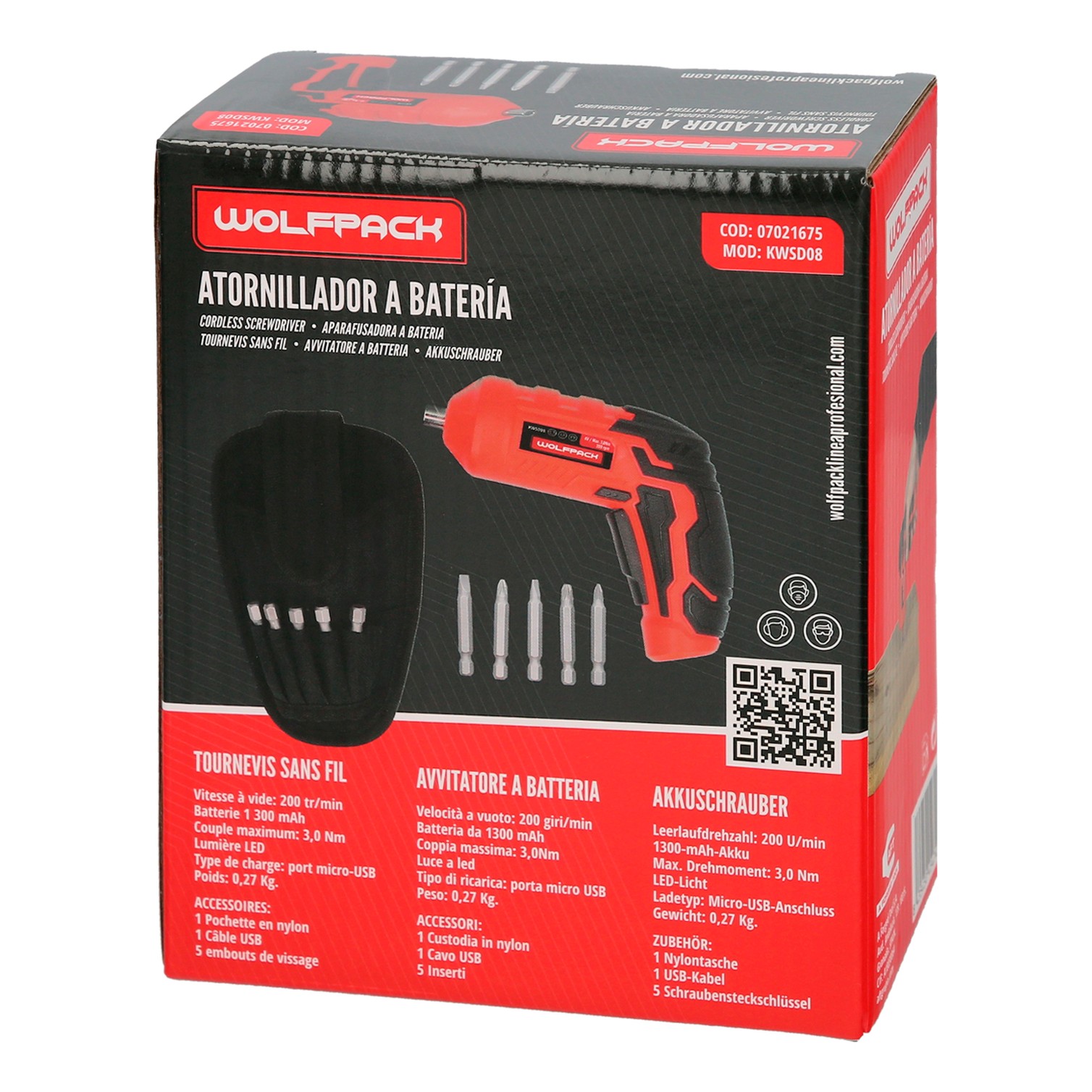 Atornillador 4 V. Con Led, Funda y 5 Destorpuntas, Bateria Recargable USB