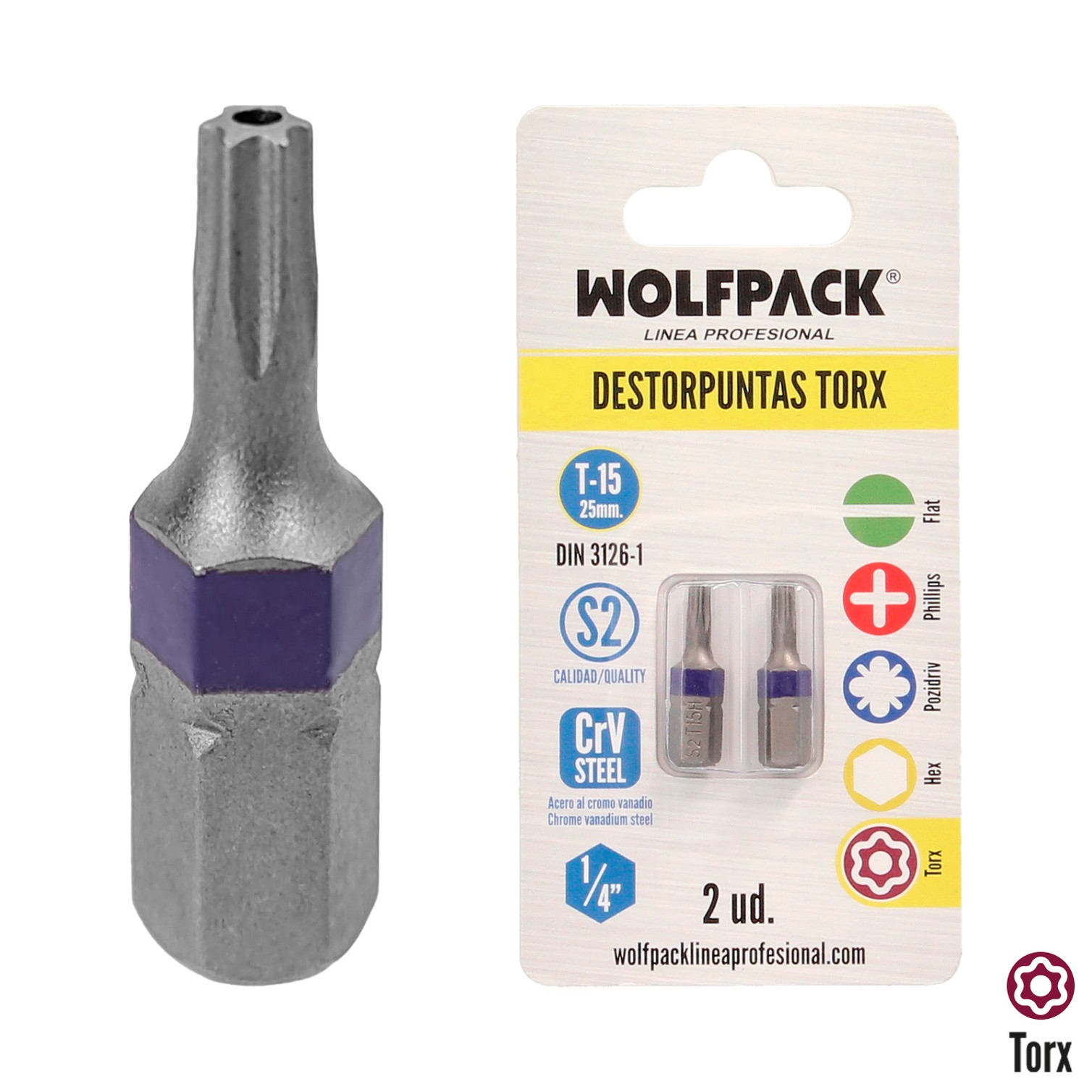 Puntas Destornillador Torx 15 Inviolable (2 Piezas). Acero S2 al Cromo Vanadio. Puntas Hexagonales, Destorpuntas,