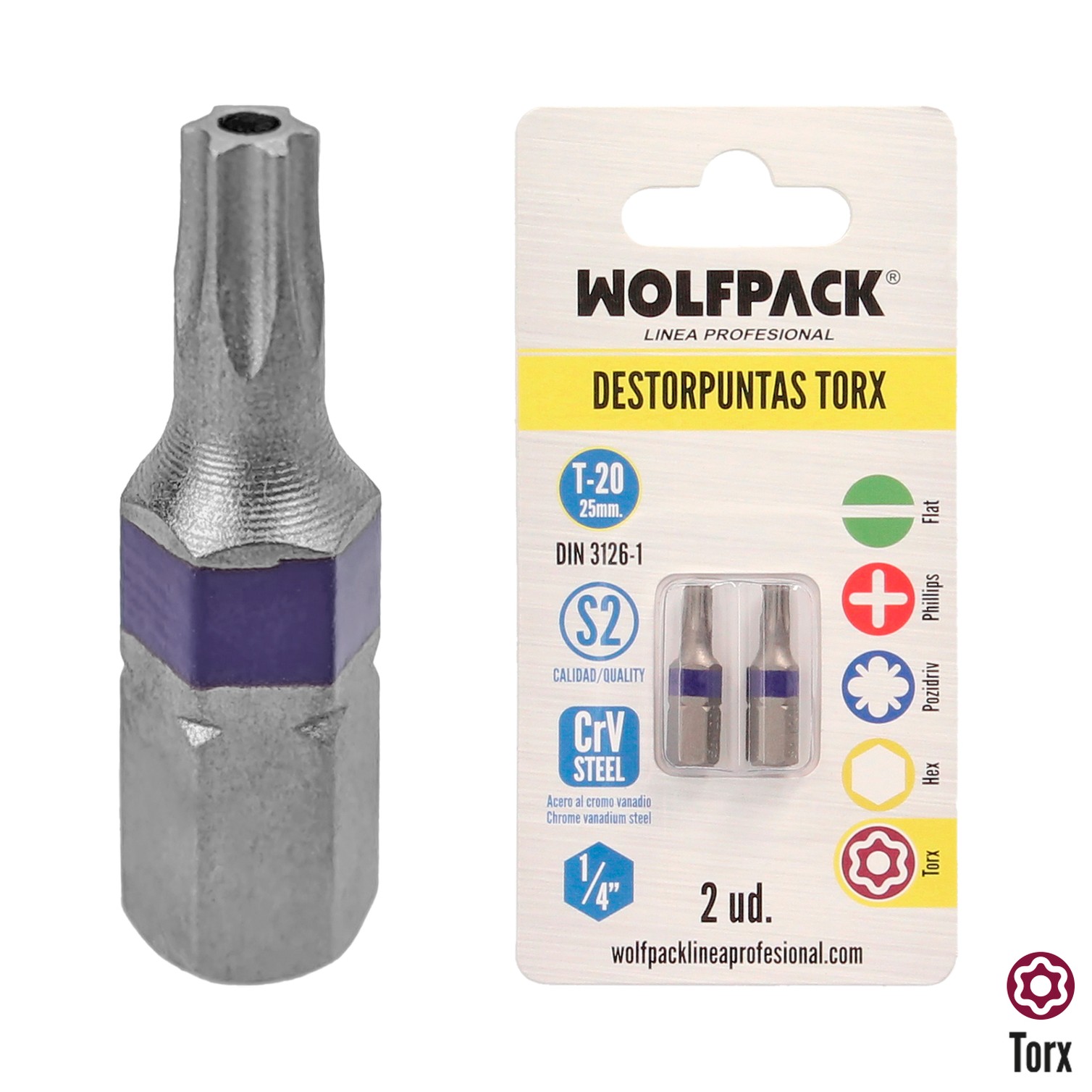 Puntas Destornillador Torx 20 Inviolable (2 Piezas). Acero S2 al Cromo Vanadio. Puntas Hexagonales, Destorpuntas,
