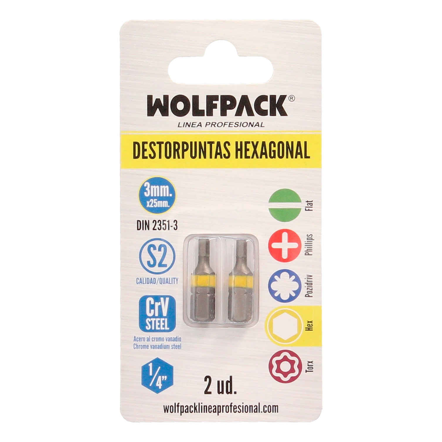 Puntas Destornillador Hexagonal 3,0 mm. (2 Piezas). Acero S2 al Cromo Vanadio. Puntas Hexagonales, Destorpuntas,