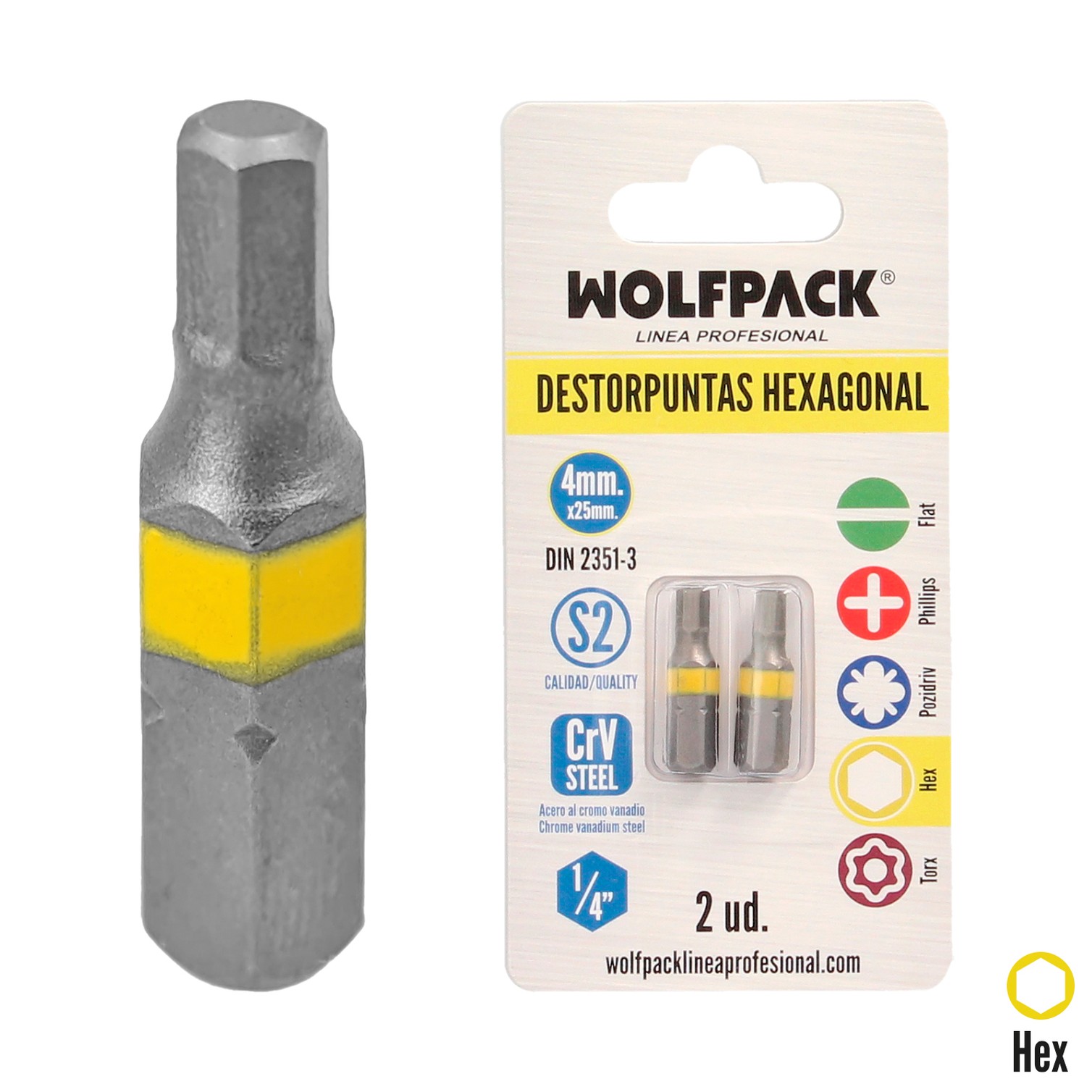 Puntas Destornillador Hexagonal 4,0 mm. (2 Piezas). Acero S2 al Cromo Vanadio. Puntas Hexagonales, Destorpuntas,