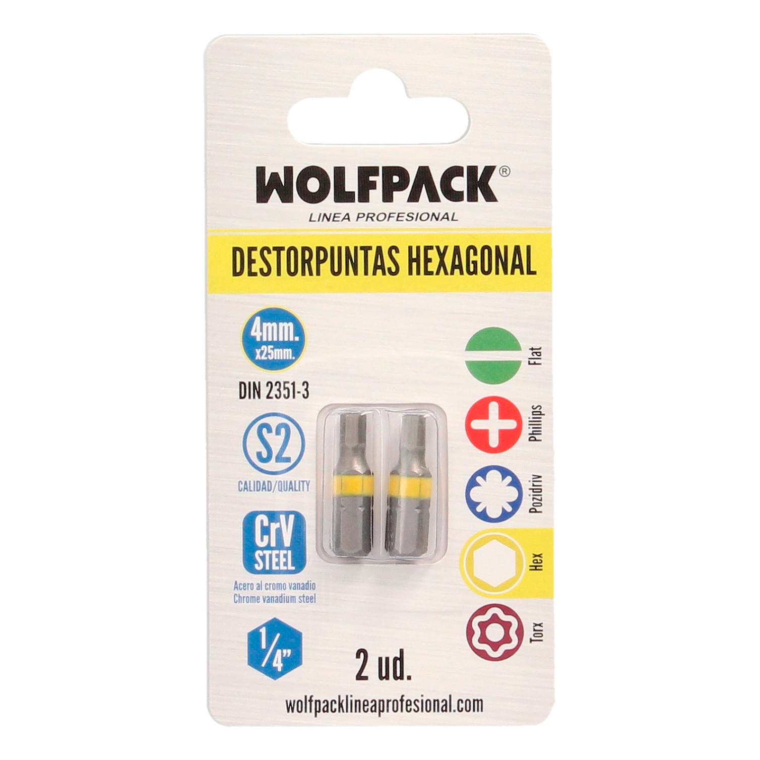 Puntas Destornillador Hexagonal 4,0 mm. (2 Piezas). Acero S2 al Cromo Vanadio. Puntas Hexagonales, Destorpuntas,