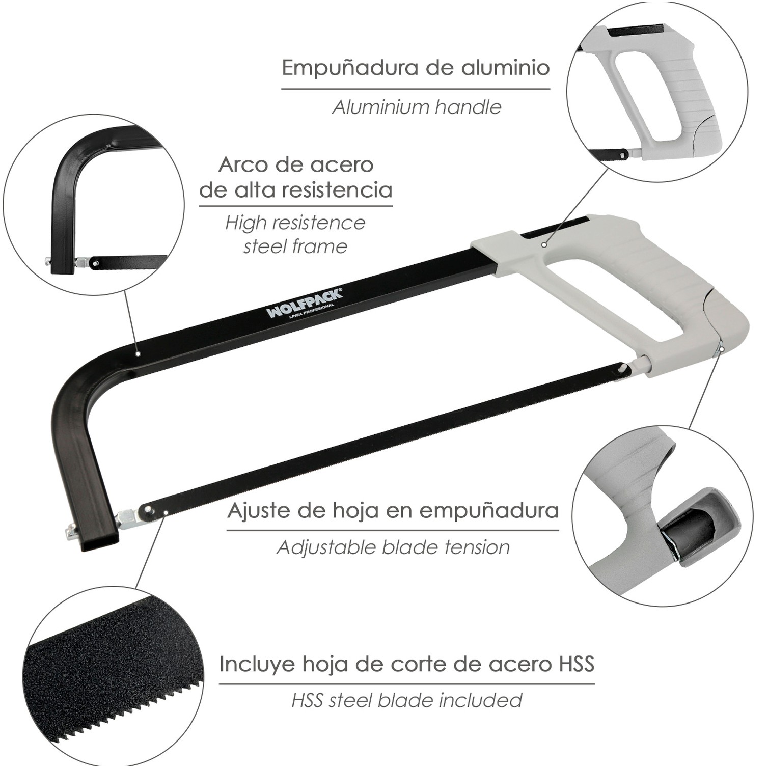 Arco Sierra Acero Con Empuñadura de Aluminio Angulo Corte Ajustable. Corta Acero, Aluminio, Madera, Plastico, Cobre