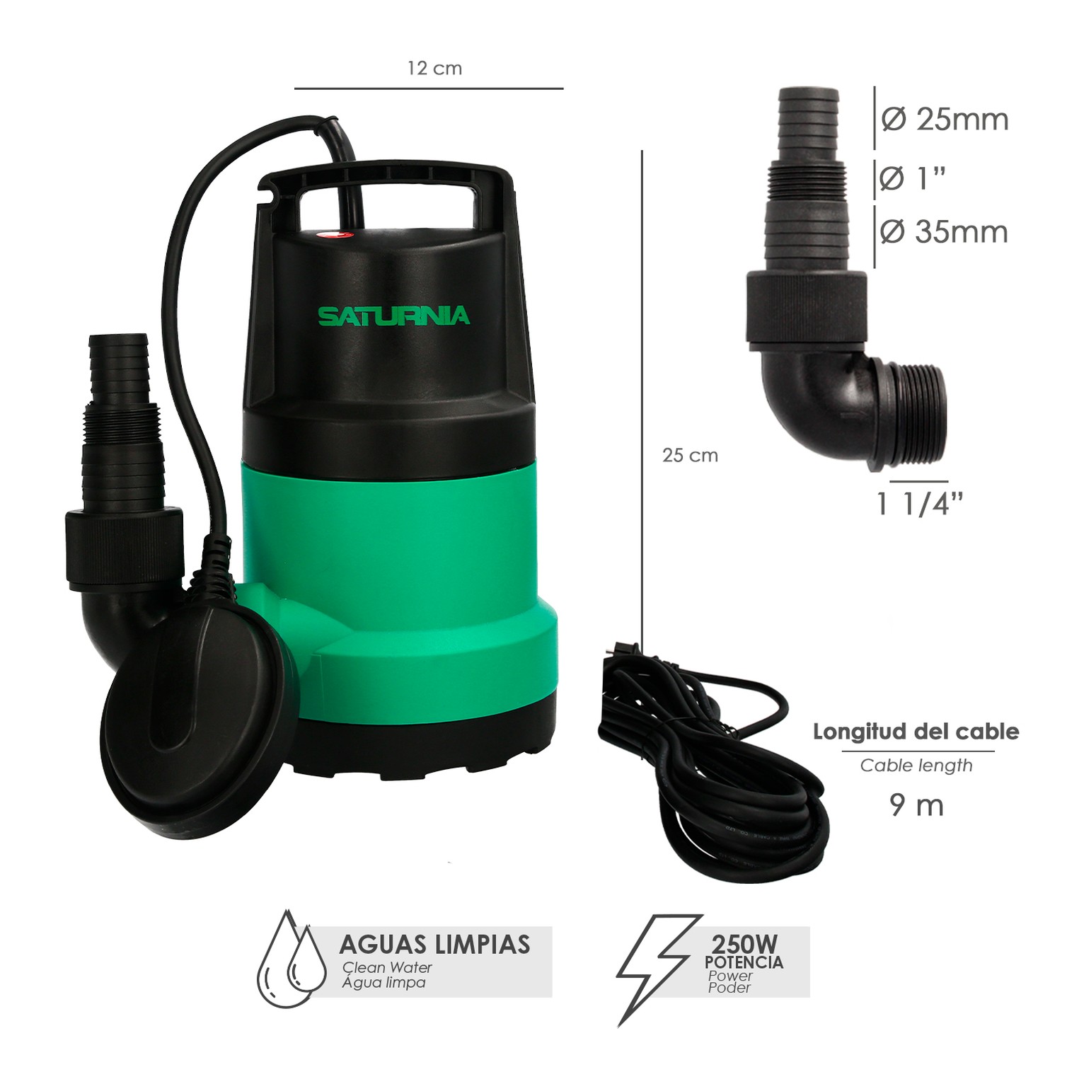 Bomba Aguas Limpias Sumergible 250 Watt. 5.500 lts/hora, Profundidad 5 Mts, Elevación 4,5 mts. Particulas max. Ø 2-3 mm.