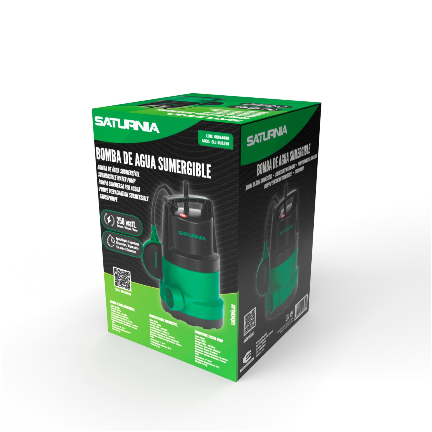 Bomba Aguas Limpias Sumergible 250 Watt. 5.500 lts/hora, Profundidad 5 Mts, Elevación 4,5 mts. Particulas max. Ø 2-3 mm.