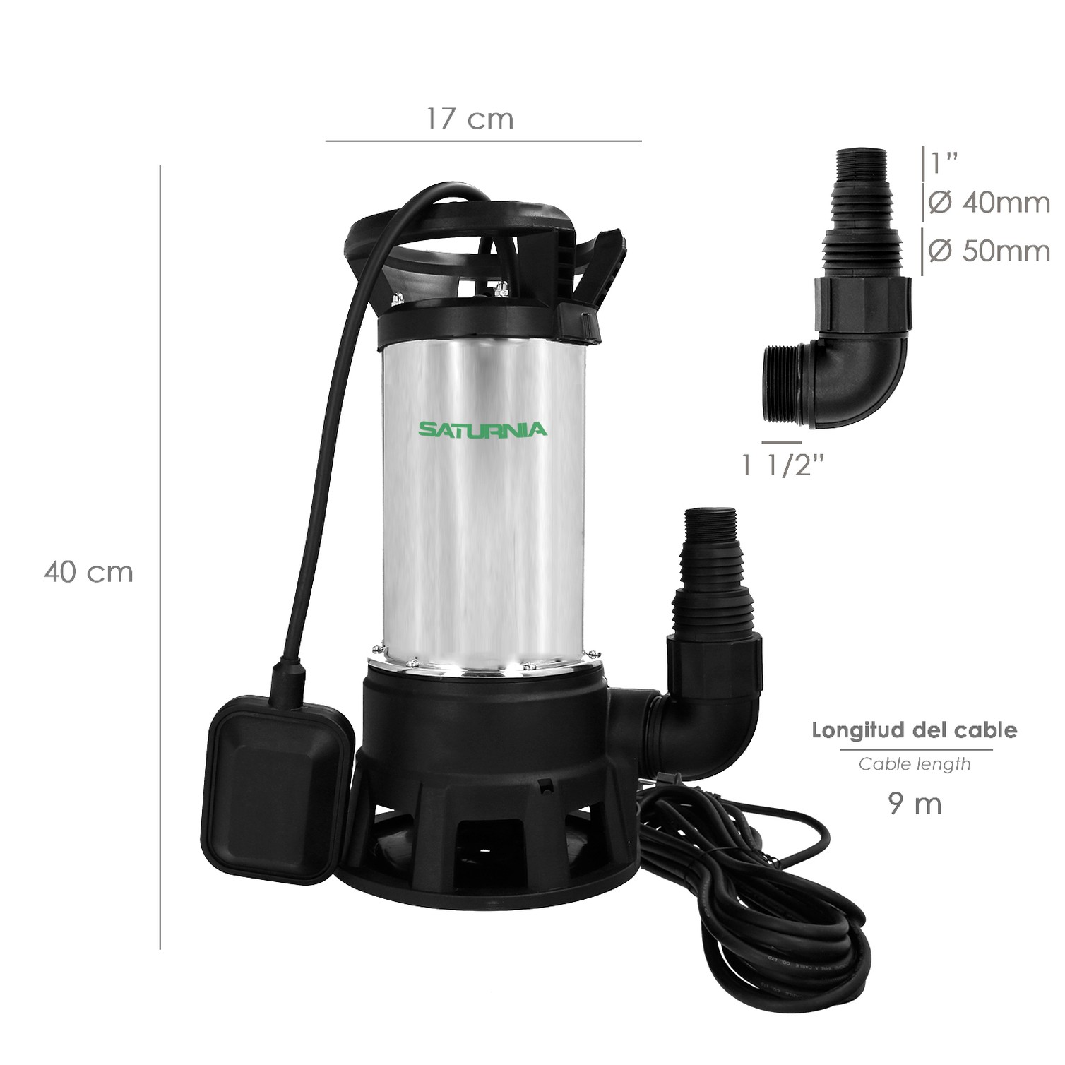 Bomba Aguas Sucias Sumergible Inoxidable 1.300 W. 25.000 lts/hora, Profundidad 7 Mts, Elevación 11 mts. Particulas max. Ø 38 mm.