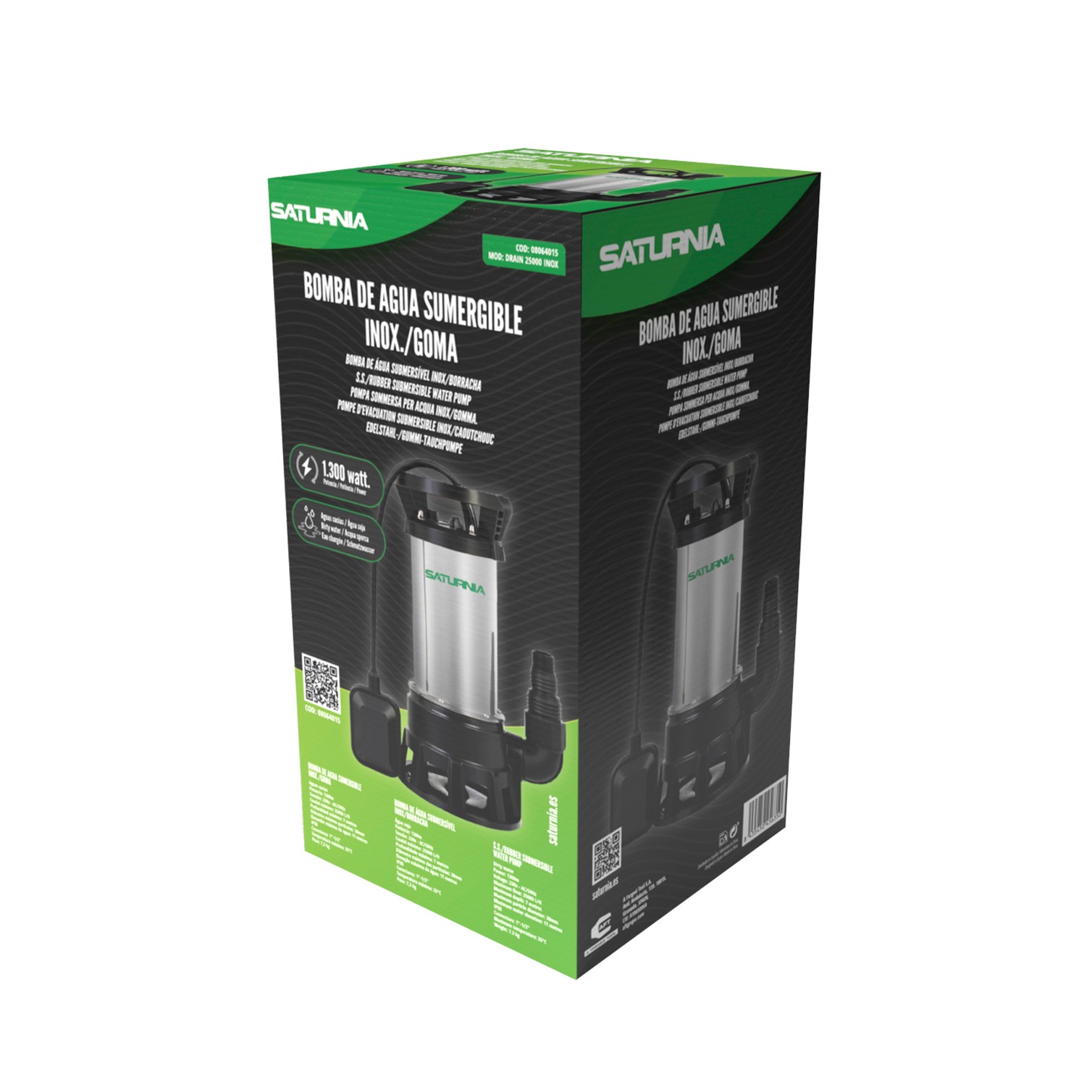 Bomba Aguas Sucias Sumergible Inoxidable 1.300 W. 25.000 lts/hora, Profundidad 7 Mts, Elevación 11 mts. Particulas max. Ø 38 mm.