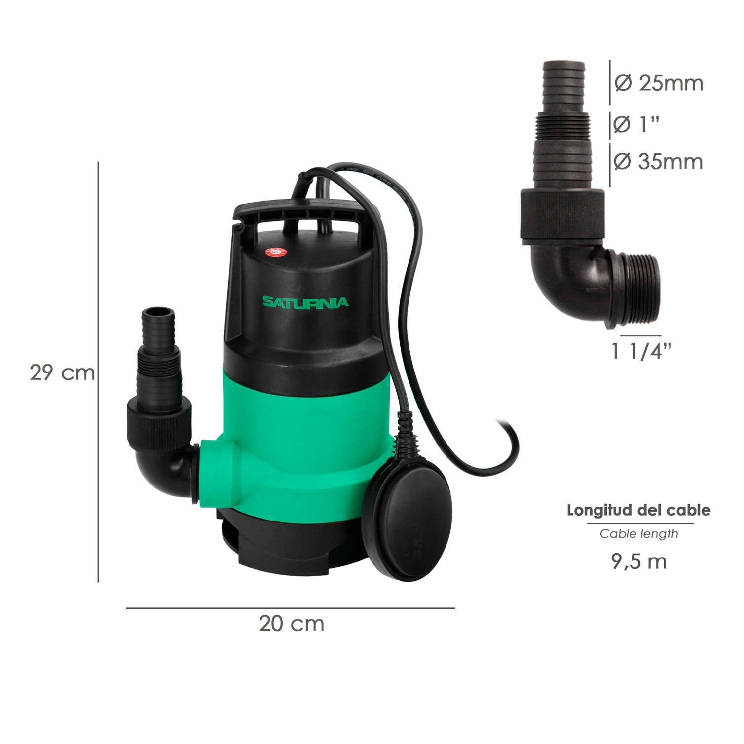 Bomba Aguas Sucias Sumergible 450 W. 8.000 lts/hora, Profundidad 5 Mts, Elevación 5,5 mts. Particulas max. Ø 30 mm.