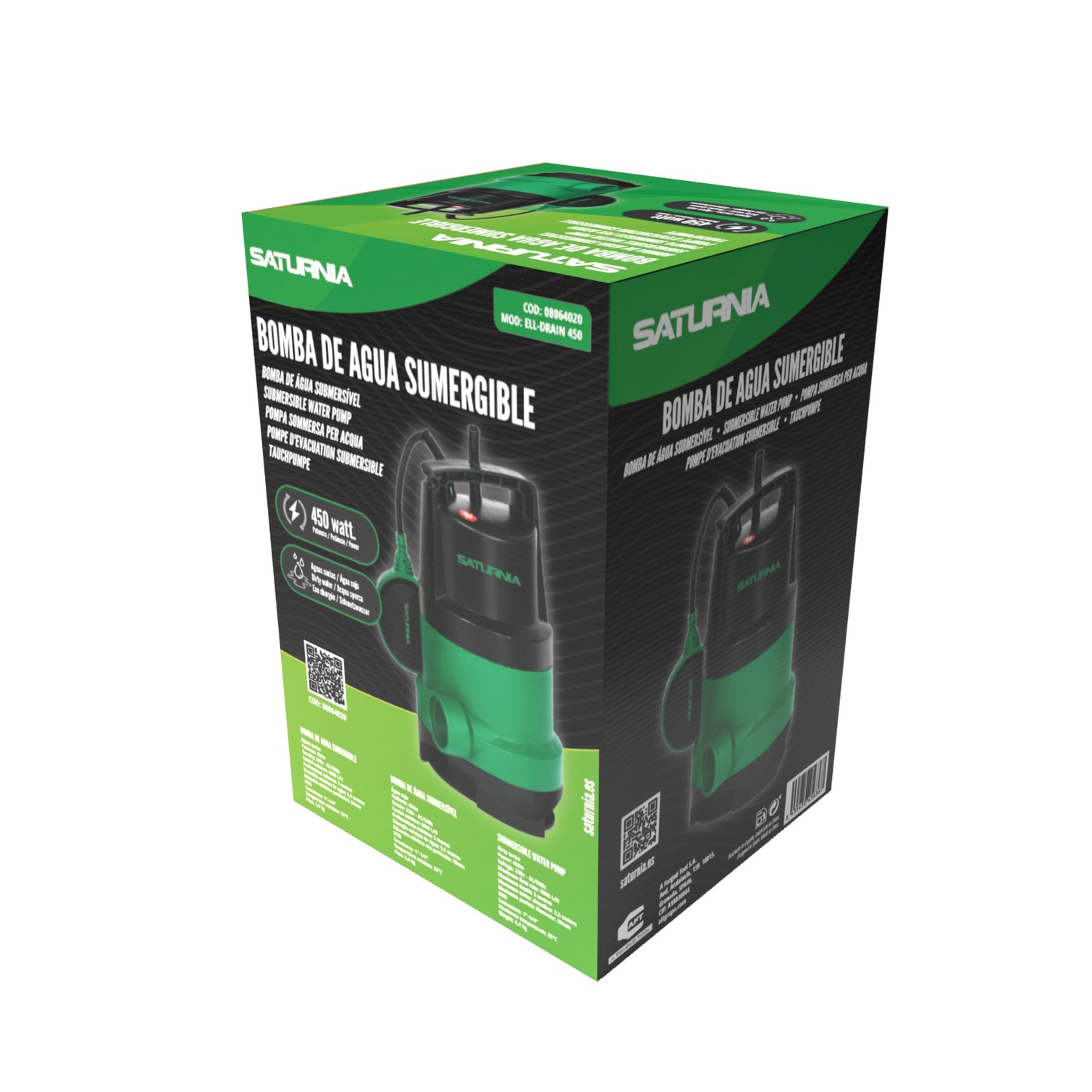 Bomba Aguas Sucias Sumergible 450 W. 8.000 lts/hora, Profundidad 5 Mts, Elevación 5,5 mts. Particulas max. Ø 30 mm.