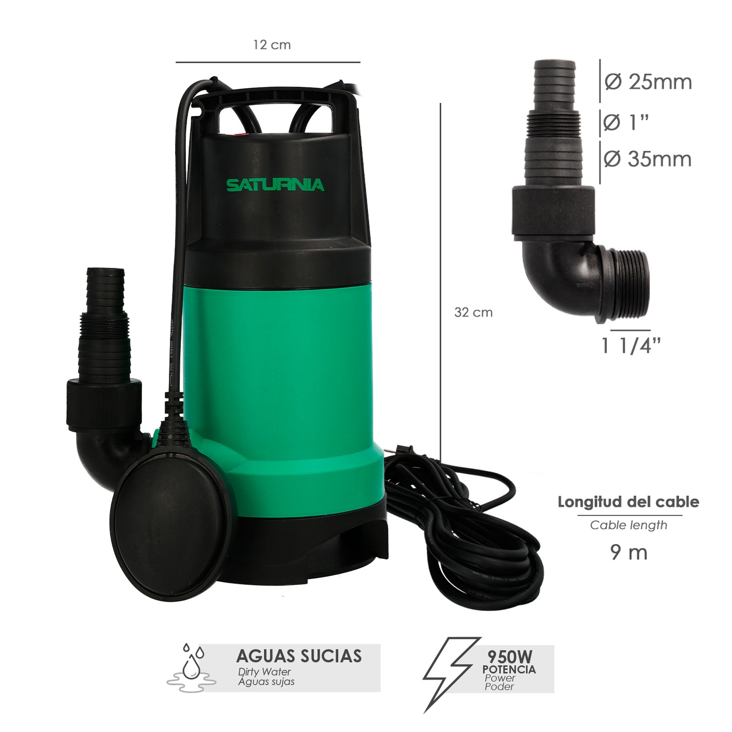 Bomba Aguas Sucias Sumergible 950 W. 14.000 lts/hora, Profundidad 7 Mts, Elevación 10 mts. Particulas max. Ø 30 mm.