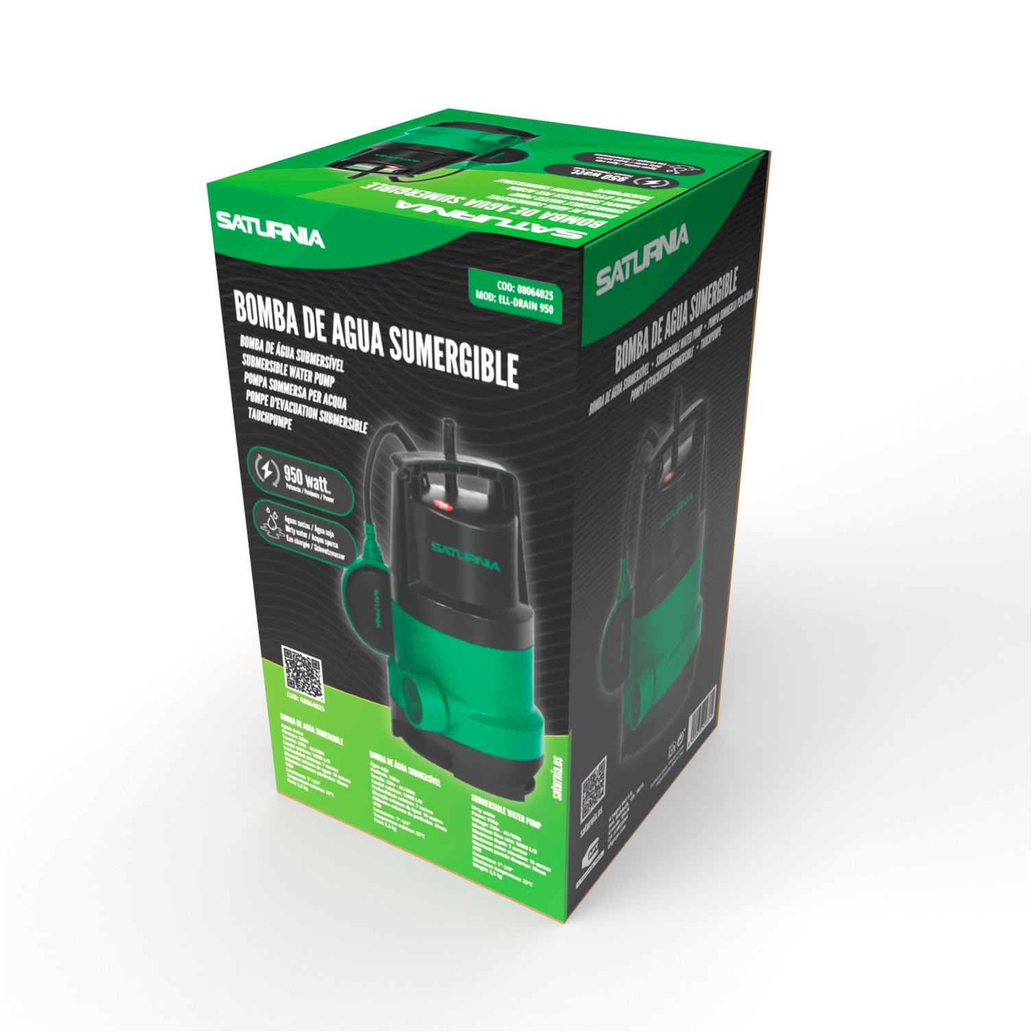 Bomba Aguas Sucias Sumergible 950 W. 14.000 lts/hora, Profundidad 7 Mts, Elevación 10 mts. Particulas max. Ø 30 mm.