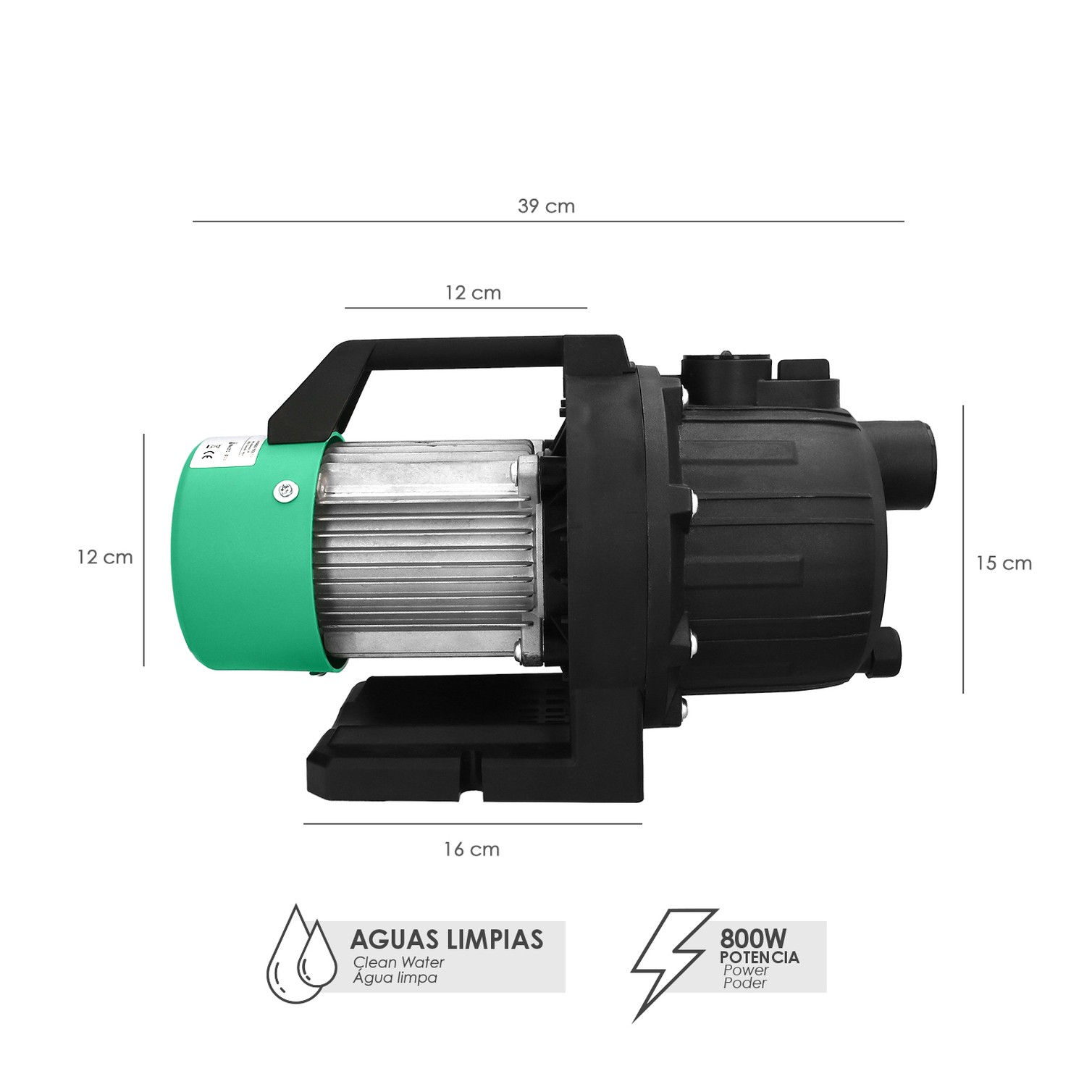 Bomba Aguas Limpias Superficie 800 W. 3.200 lts/hora, Profundidad 8 Mts, Elevación 40 mts. Presion Max: 4,0 Bares