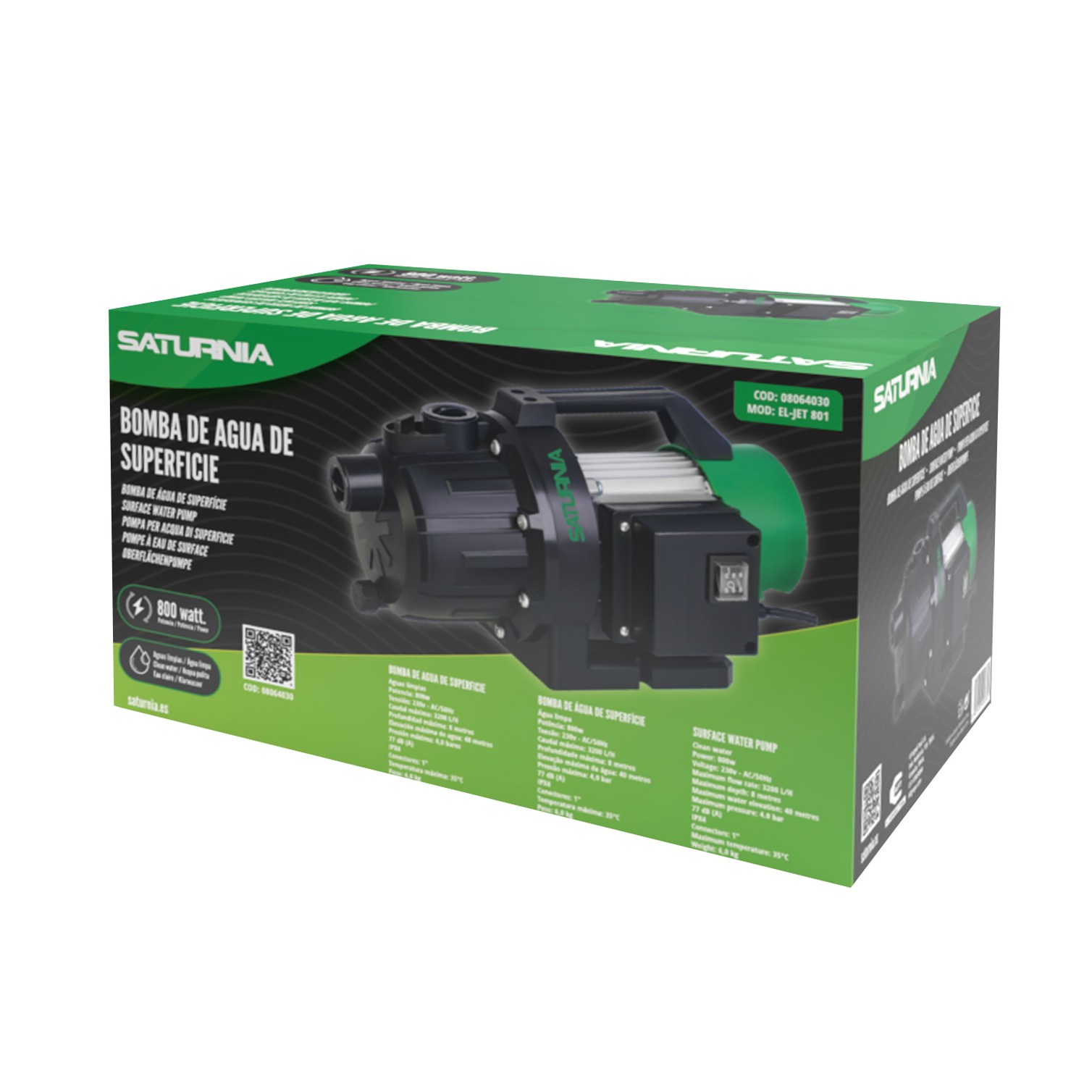 Bomba Aguas Limpias Superficie 800 W. 3.200 lts/hora, Profundidad 8 Mts, Elevación 40 mts. Presion Max: 4,0 Bares
