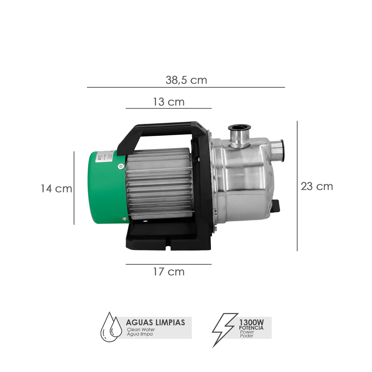 Bomba Aguas Limpias Superficie Acero Inoxidable 1.300 W. 5.000 lts/hora, Profundidad 8 Mts Elevación 50 mts. Presion Max: 5 Bar