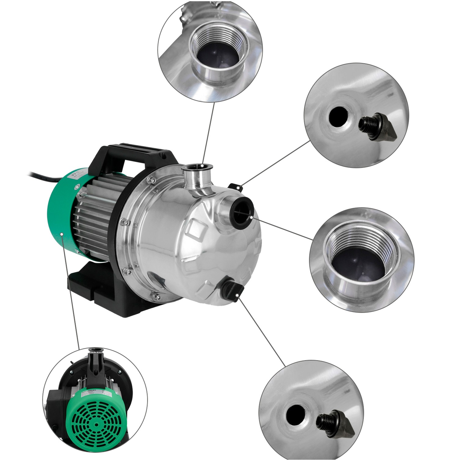 Bomba Aguas Limpias Superficie Acero Inoxidable 1.300 W. 5.000 lts/hora, Profundidad 8 Mts Elevación 50 mts. Presion Max: 5 Bar