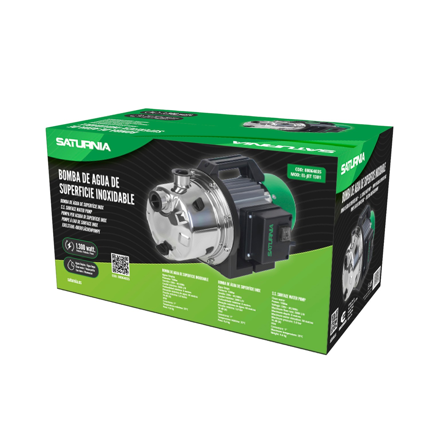 Bomba Aguas Limpias Superficie Acero Inoxidable 1.300 W. 5.000 lts/hora, Profundidad 8 Mts Elevación 50 mts. Presion Max: 5 Bar