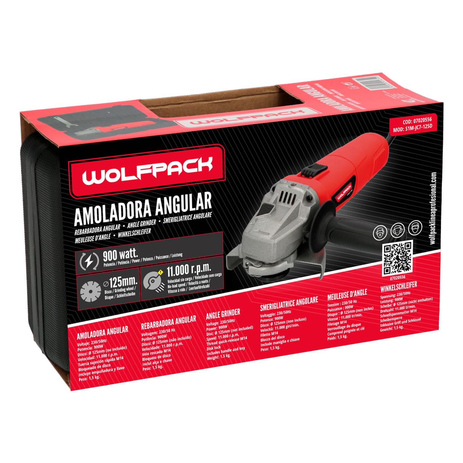 Amoladora Angular 900 Watt. Disco Ø 125 mm. 11.000 R.P.M. Mango 3 Posiciones Eje M14 Protector Disco Ajustable, Anti arranque