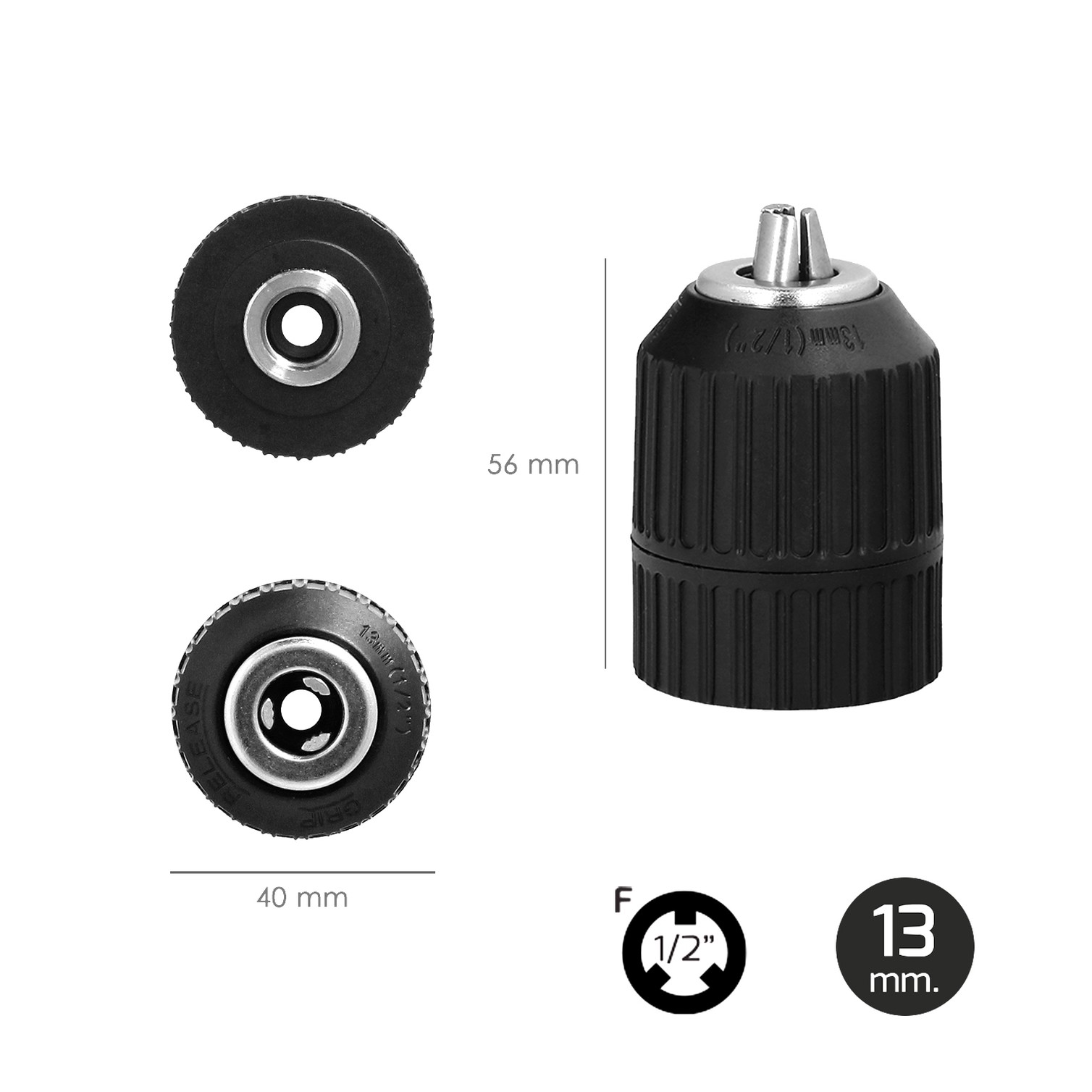 Portabrocas Sin Llave Nylon 1/2" Hembra Ø 13mm. Sin Llave Portabrocas, Autoajustable