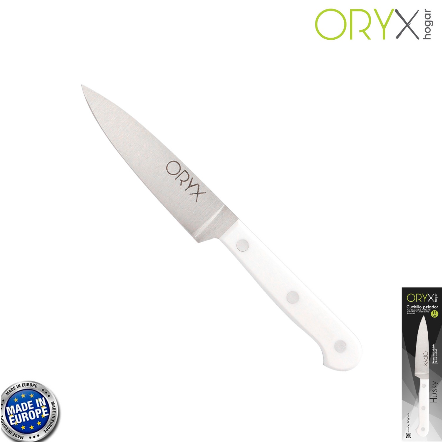 Cuchillo Husky Pelador 11 cm. Hoja Acero Inoxidable, Cuchillo Verduras, Cuchillo Cortar Verduras Mango Ergonomico Blanco