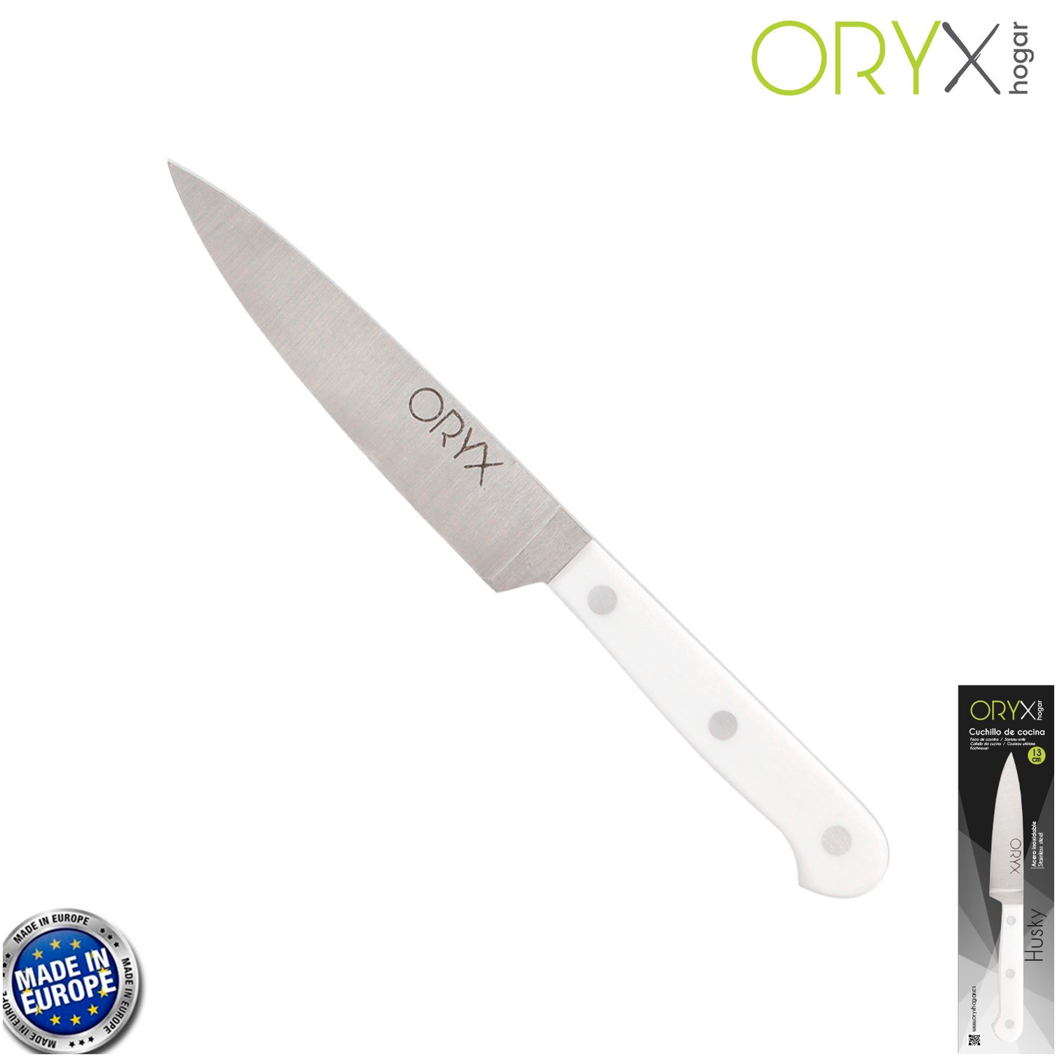 Cuchillo Husky Cocina 13 cm. Hoja Acero Inoxidable, Cuchillo Carne, Cuchillo Pescado, Cuchillo Chef, Mango Ergonomico Blanco