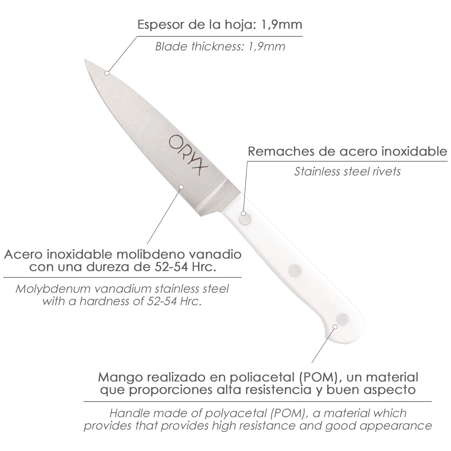 Cuchillo Husky Cocina 13 cm. Hoja Acero Inoxidable, Cuchillo Carne, Cuchillo Pescado, Cuchillo Chef, Mango Ergonomico Blanco