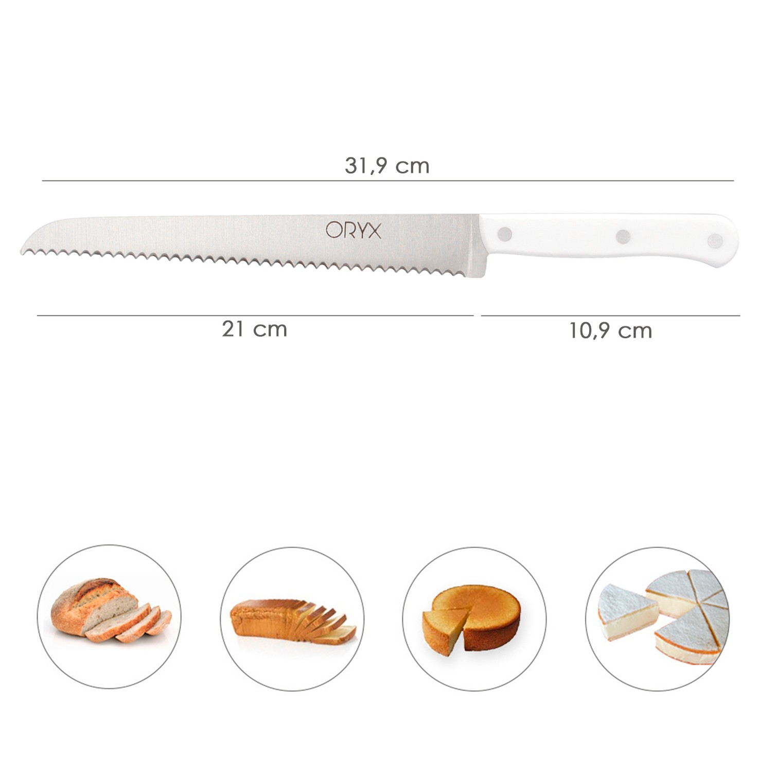 Cuchillo Husky Panero 21 cm. Hoja Acero Inoxidable, Cuchillo Pan , Cuchillo Cortar Pan Mango Ergonomico Blanco