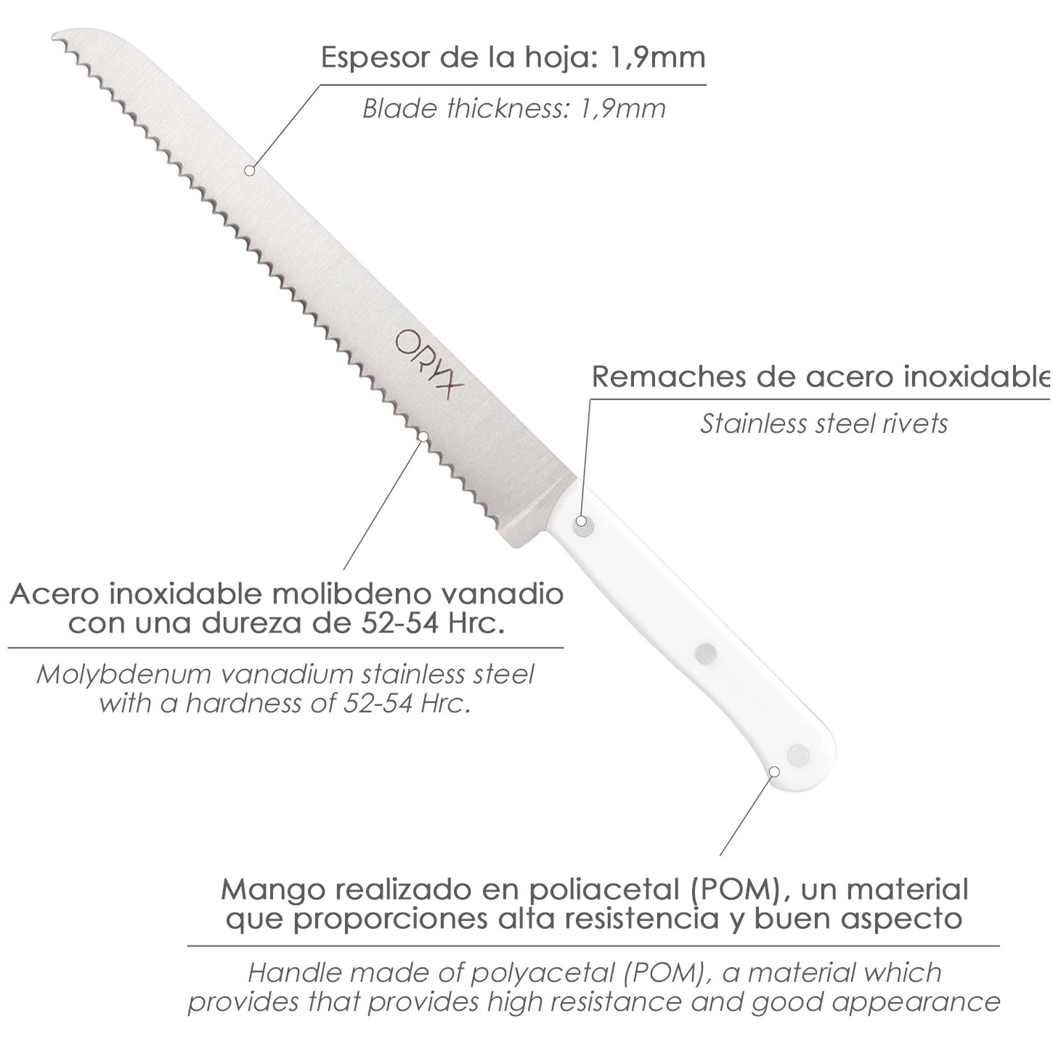 Cuchillo Husky Panero 21 cm. Hoja Acero Inoxidable, Cuchillo Pan , Cuchillo Cortar Pan Mango Ergonomico Blanco