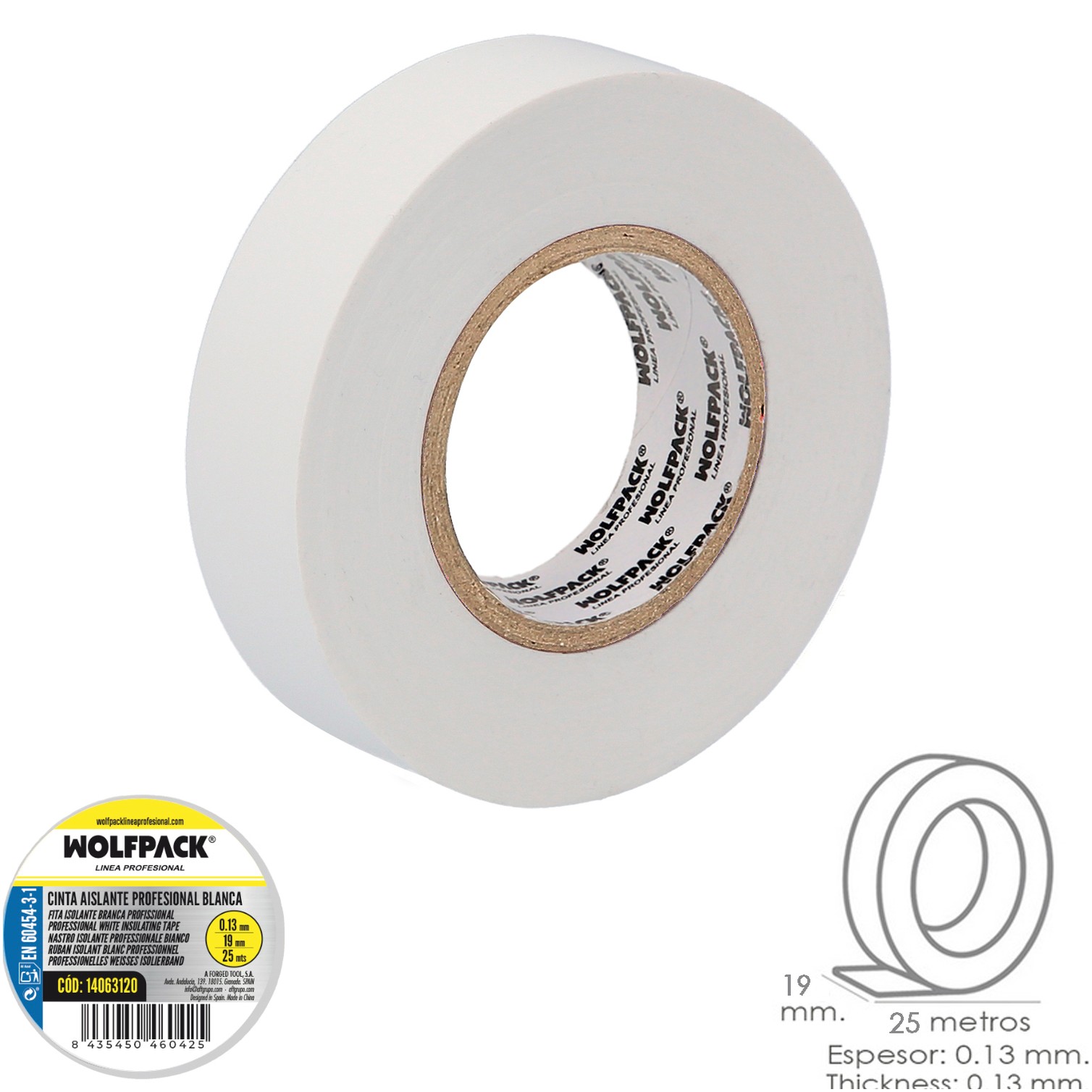 Cinta Aislante Profesional Blanca Espesor 0.13 mm. Ancho 19 mm. Rollo 25 Metros Cinta Electricista, Cinta Aislante Cables