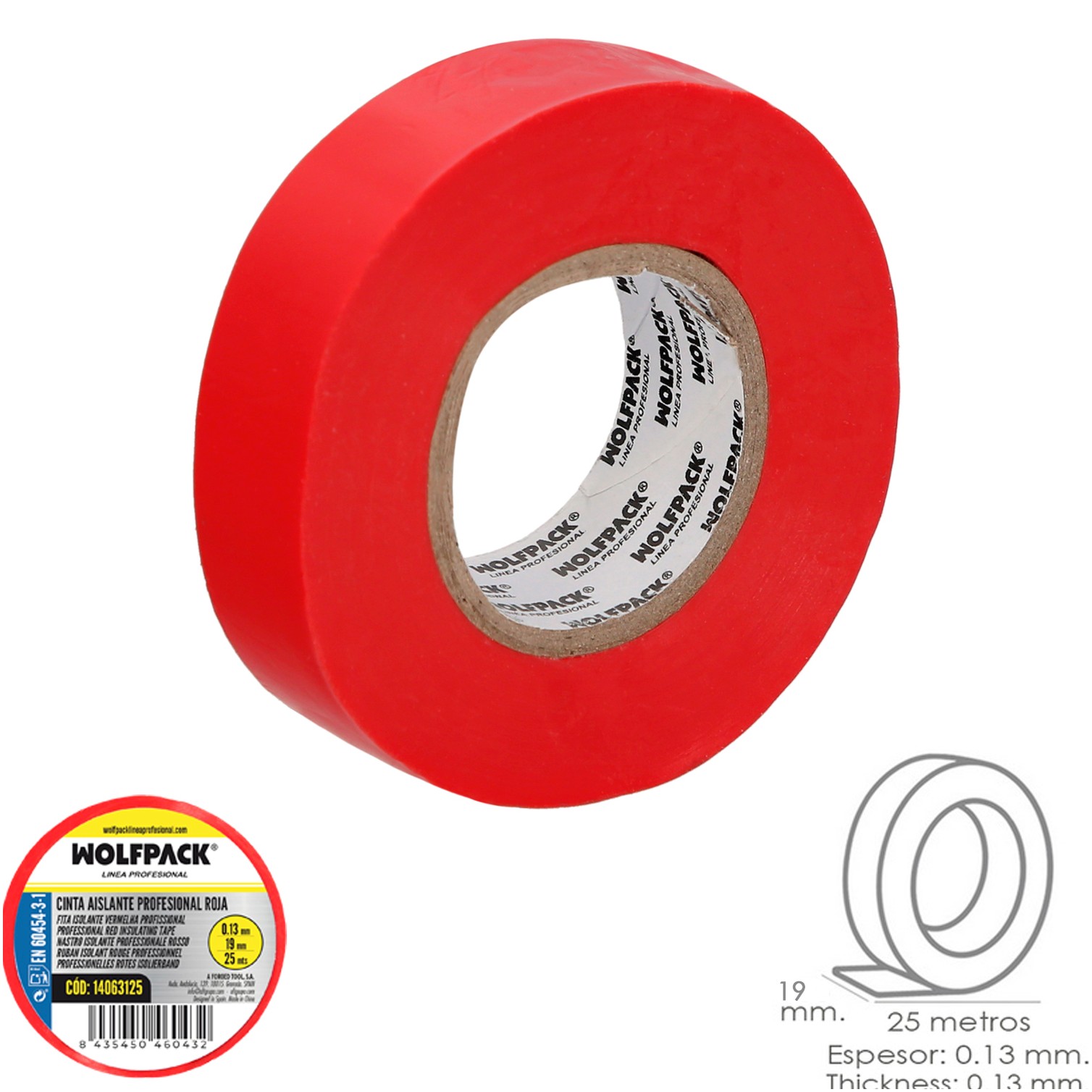 Cinta Aislante Profesional Roja Espesor 0.13 mm. Ancho 19 mm. Rollo 25 Metros Cinta Electricista, Cinta Aislante Cables