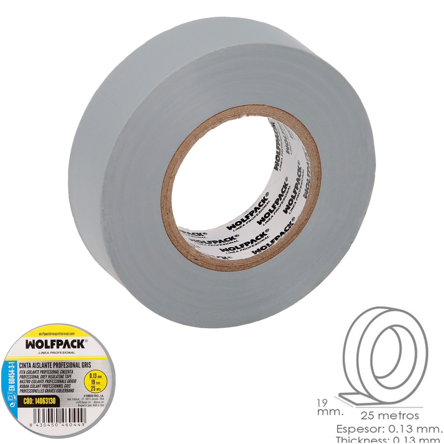 Cinta Aislante Profesional Gris Espesor 0.13 mm. Ancho 19 mm. Rollo 25 Metros Cinta Electricista, Cinta Aislante Cables
