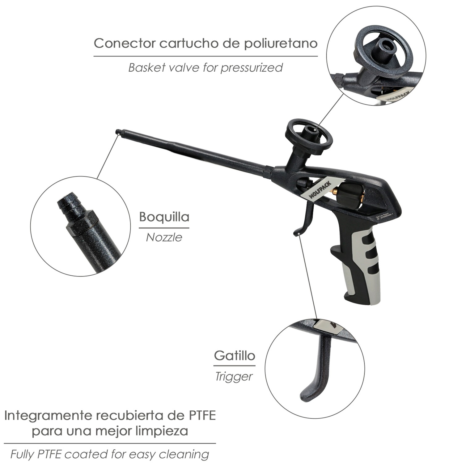 Pistola Para Espuma Poliuretano Recubriemiento Integro PTFE (Interior y Exterior) Pistola Calafatear, Rellenar, Sellar