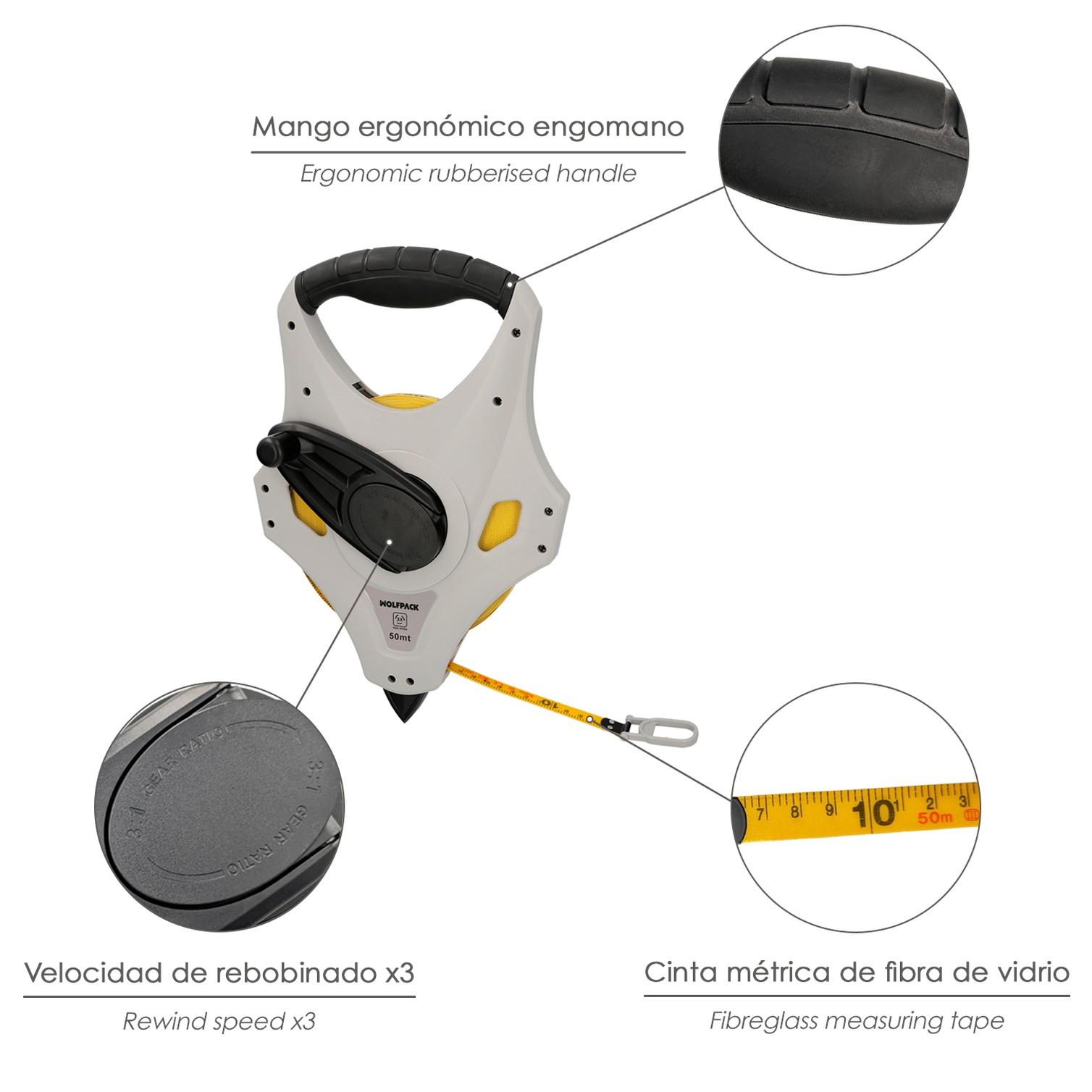 Cinta Metrica Fibra de Vidrio 50 Metros Sistema 3x Velocidad Recogida