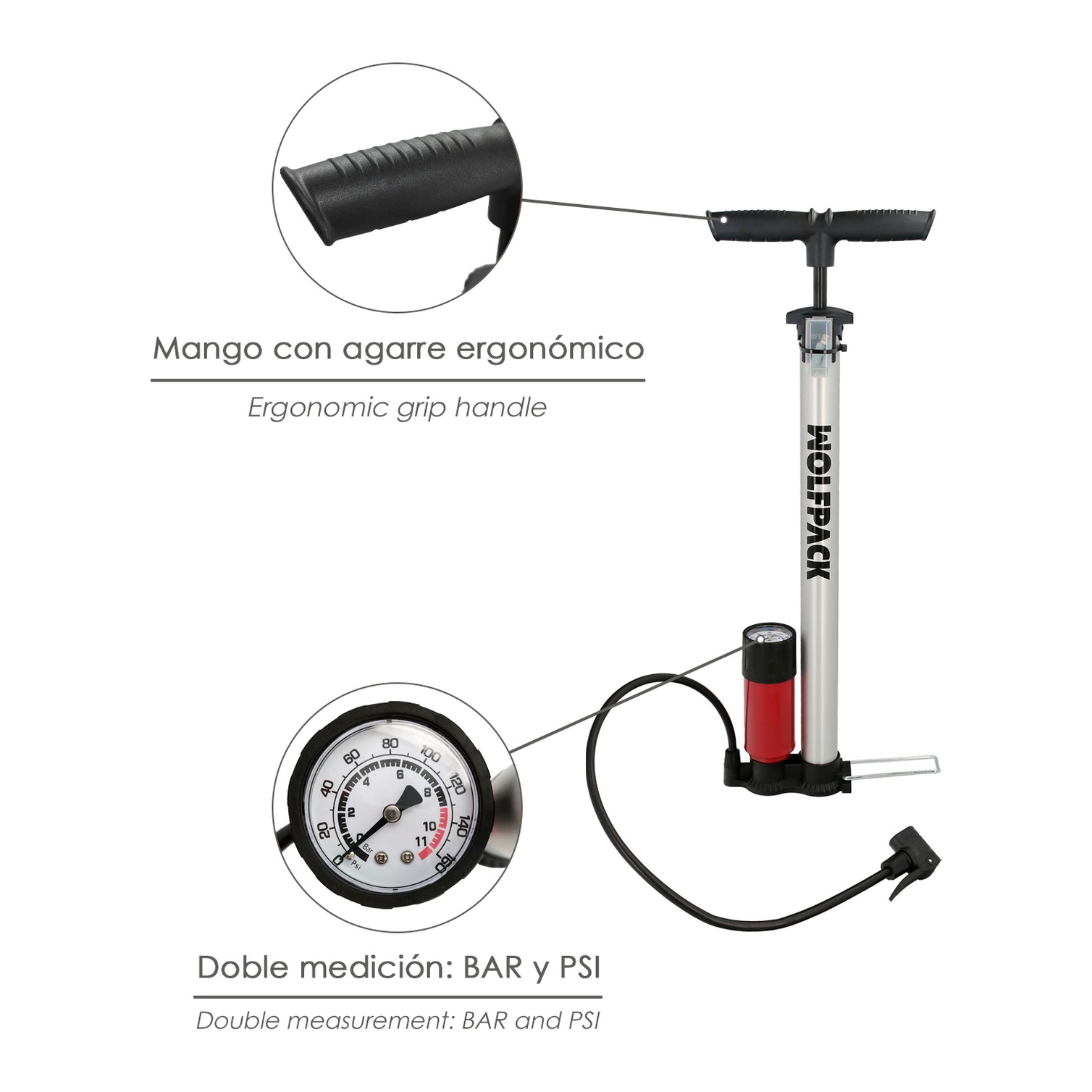 Bomba Inflar Bicicleta Con Manometro. Doble Boquilla Valvula Presta y Schrader. Con Adaptadores. Ø 32 x 500 mm. 10 BAR / 160 PSI