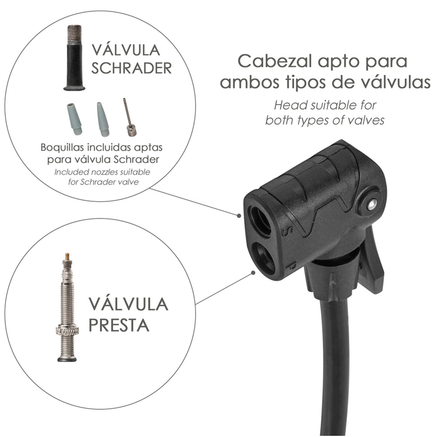 Bomba Inflar Bicicleta Con Manometro. Doble Boquilla Valvula Presta y Schrader. Con Adaptadores. Ø 32 x 500 mm. 10 BAR / 160 PSI