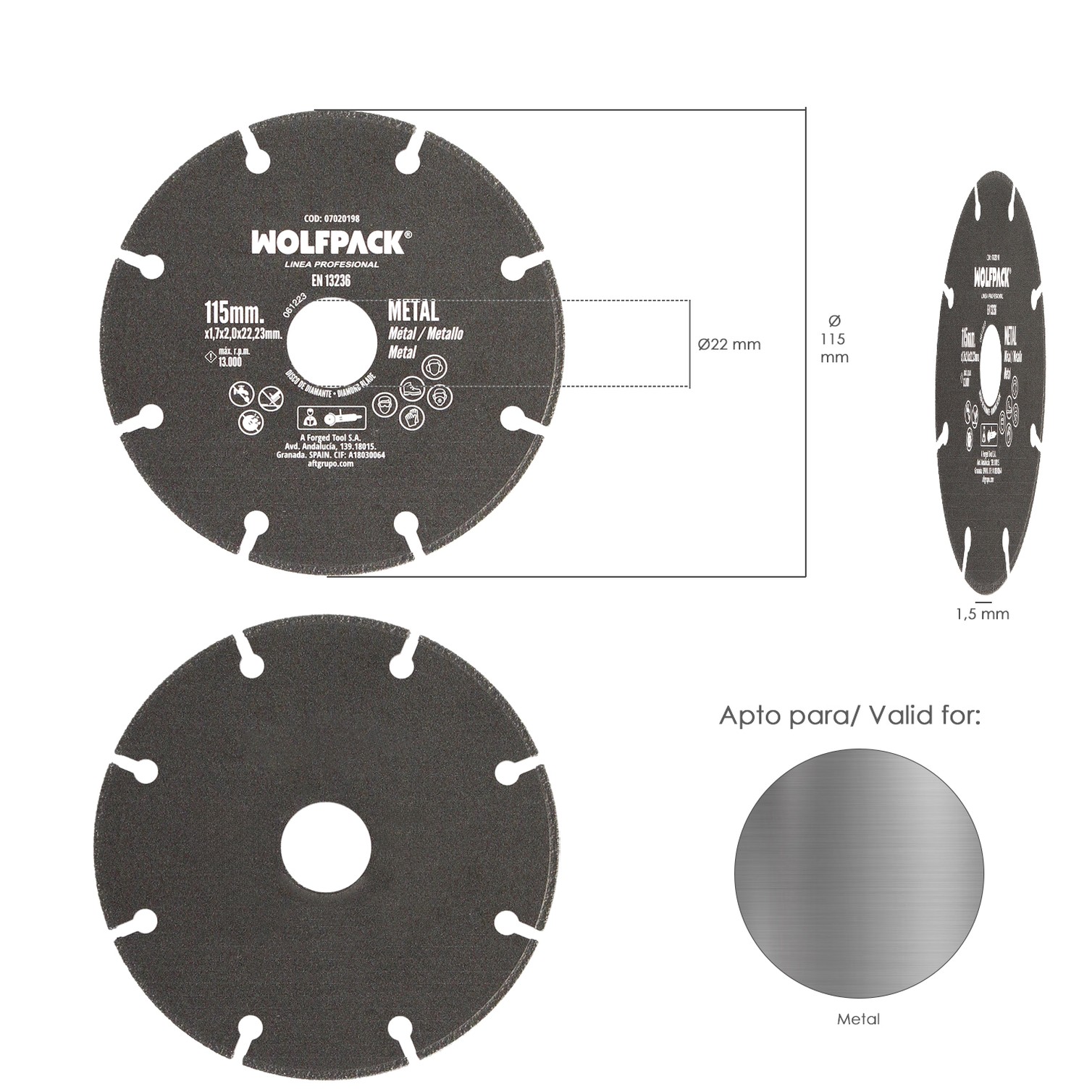 Disco Corte Metales Universal Ø 115 x 1,7 mm. Filo de Diamante Disco Corte Acero, Chapa, Hierro, Aluminio