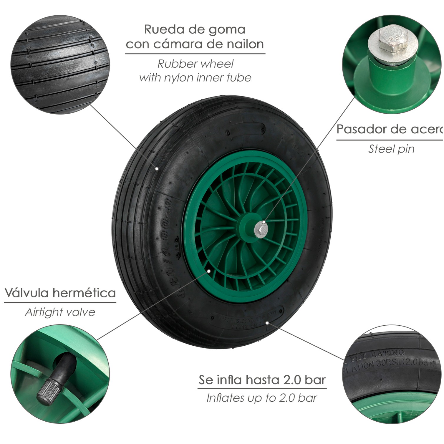 Rueda Carretilla Neumatica Para Carretilla Obra / Jardin Llanta Plastico Eje Ø 20 mm. Rueda Carretilla Jardin, Carro Invernadero