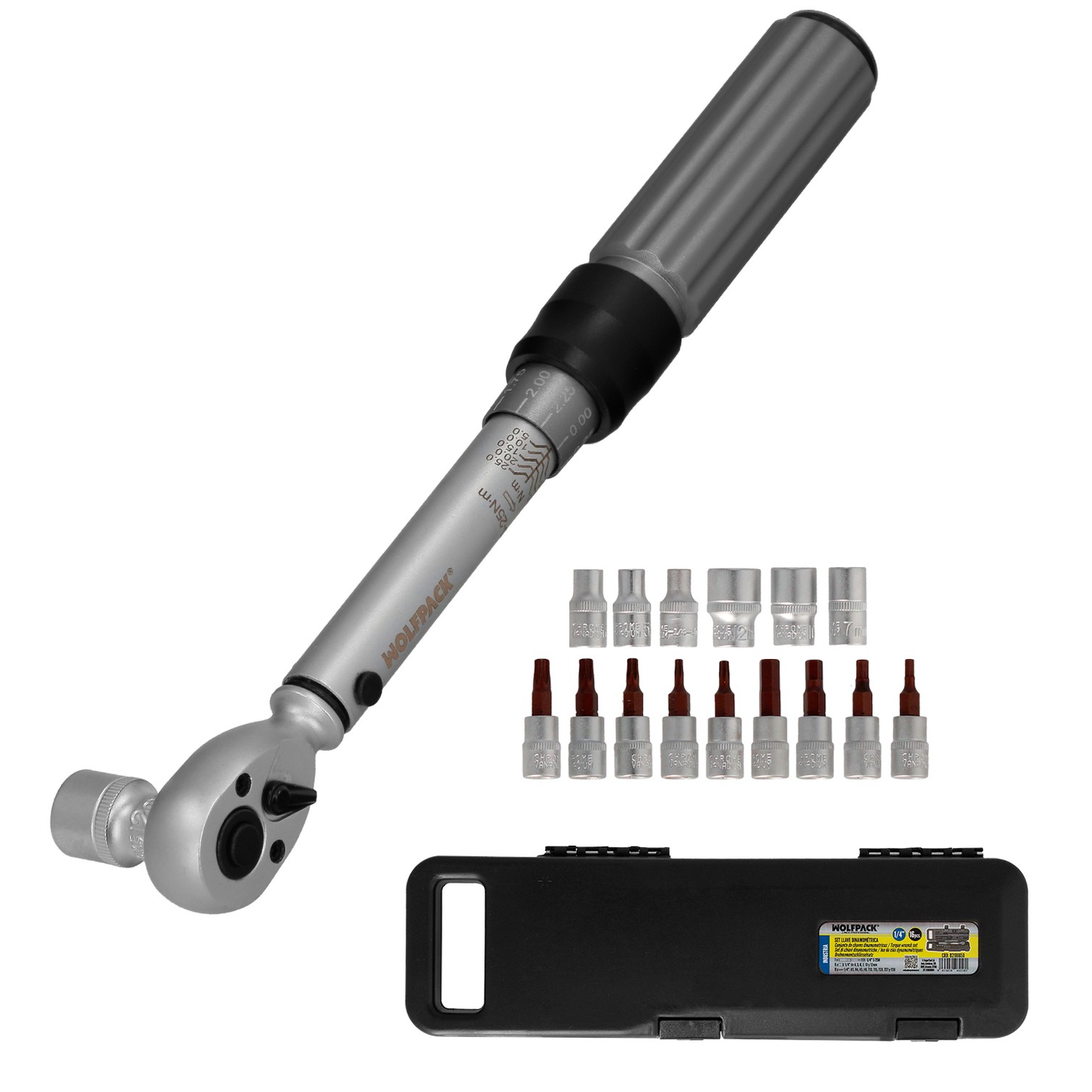Llave Dinamometrica 1/4" Con 9 Puntas Hexagonales y 5 Vasos. Llave De Torque Camiones, Coches, Motos, Micro Ajustes, Acero CRV
