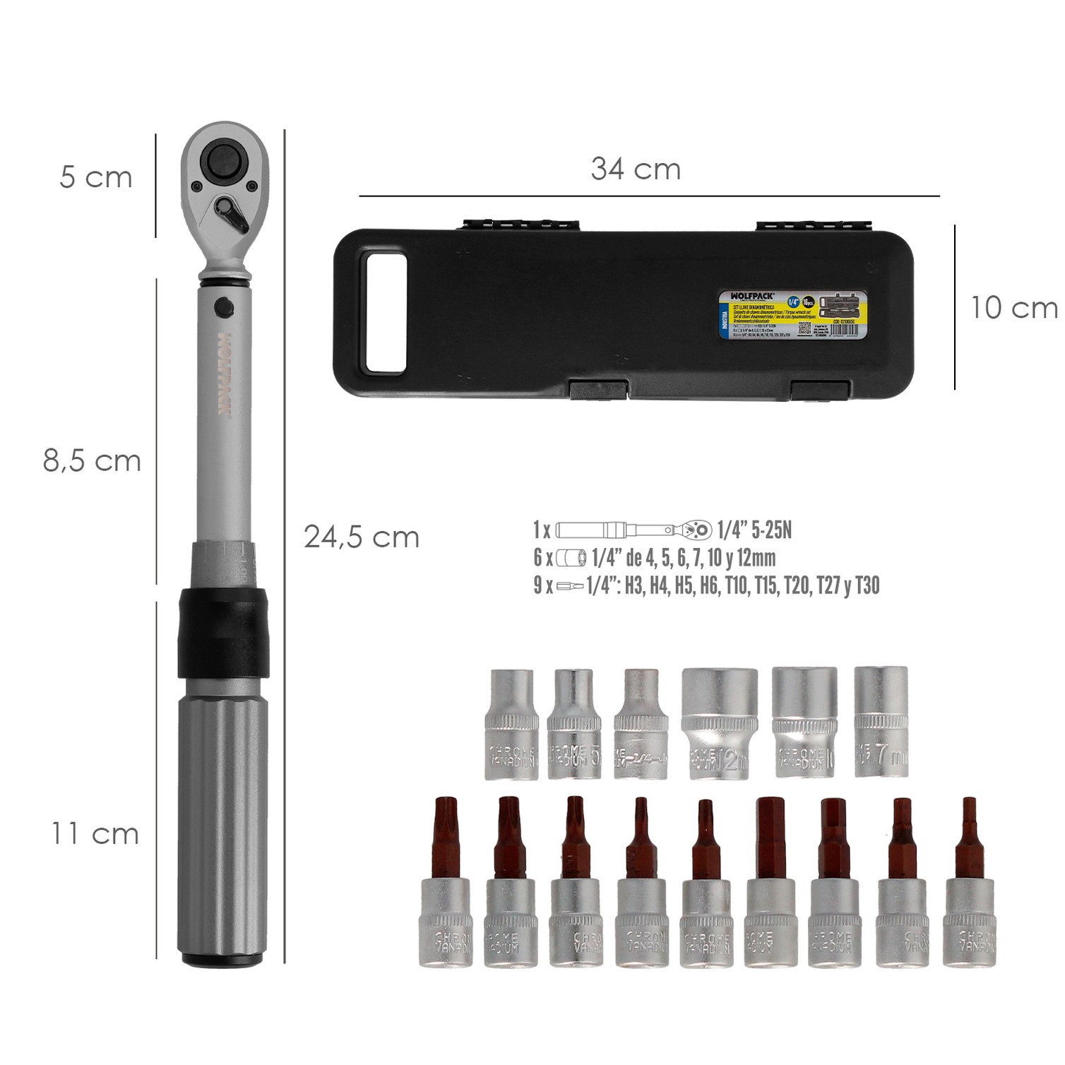 Llave Dinamometrica 1/4" Con 9 Puntas Hexagonales y 5 Vasos. Llave De Torque Camiones, Coches, Motos, Micro Ajustes, Acero CRV