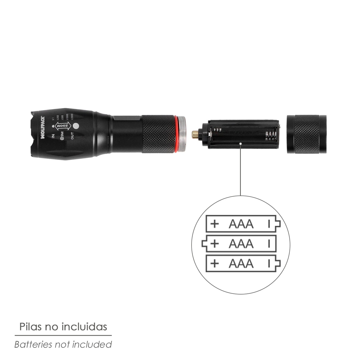 Linterna LED De Mano Aluminio A Pilas (3 AAA) 300 Lumenes 5 Watt. Con Zoom