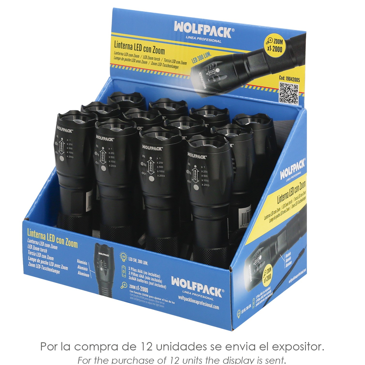 Linterna LED De Mano Aluminio A Pilas (3 AAA) 300 Lumenes 5 Watt. Con Zoom
