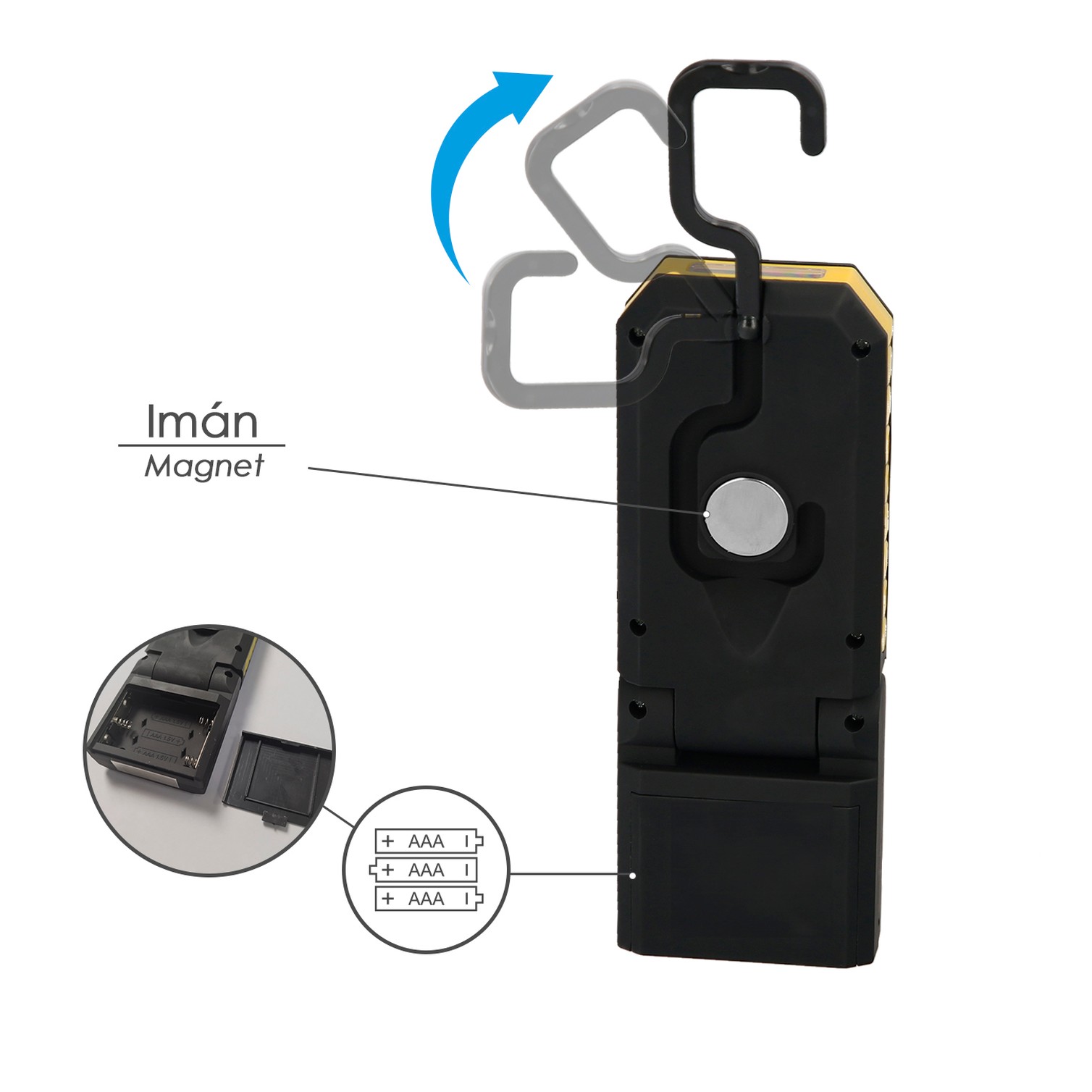 Linterna LED Profesional Multifunción Compacta Plegable A Pilas (3 AAA) 210 Lumenes 2 Modos de Iluminación Con Iman y Gancho