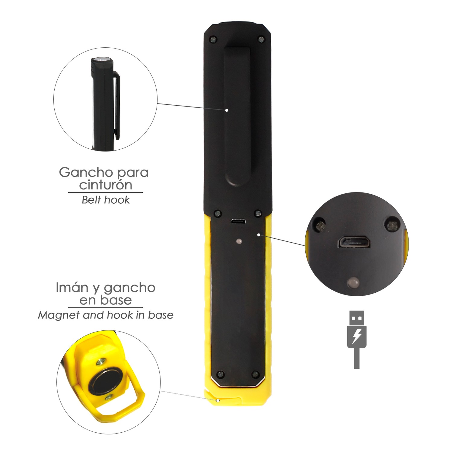 Linterna LED Multifunción Tipo Boligrafo Recargable (900 mAh) 200 Lumenes Con Iman, Gancho y Soporte Ajustable.