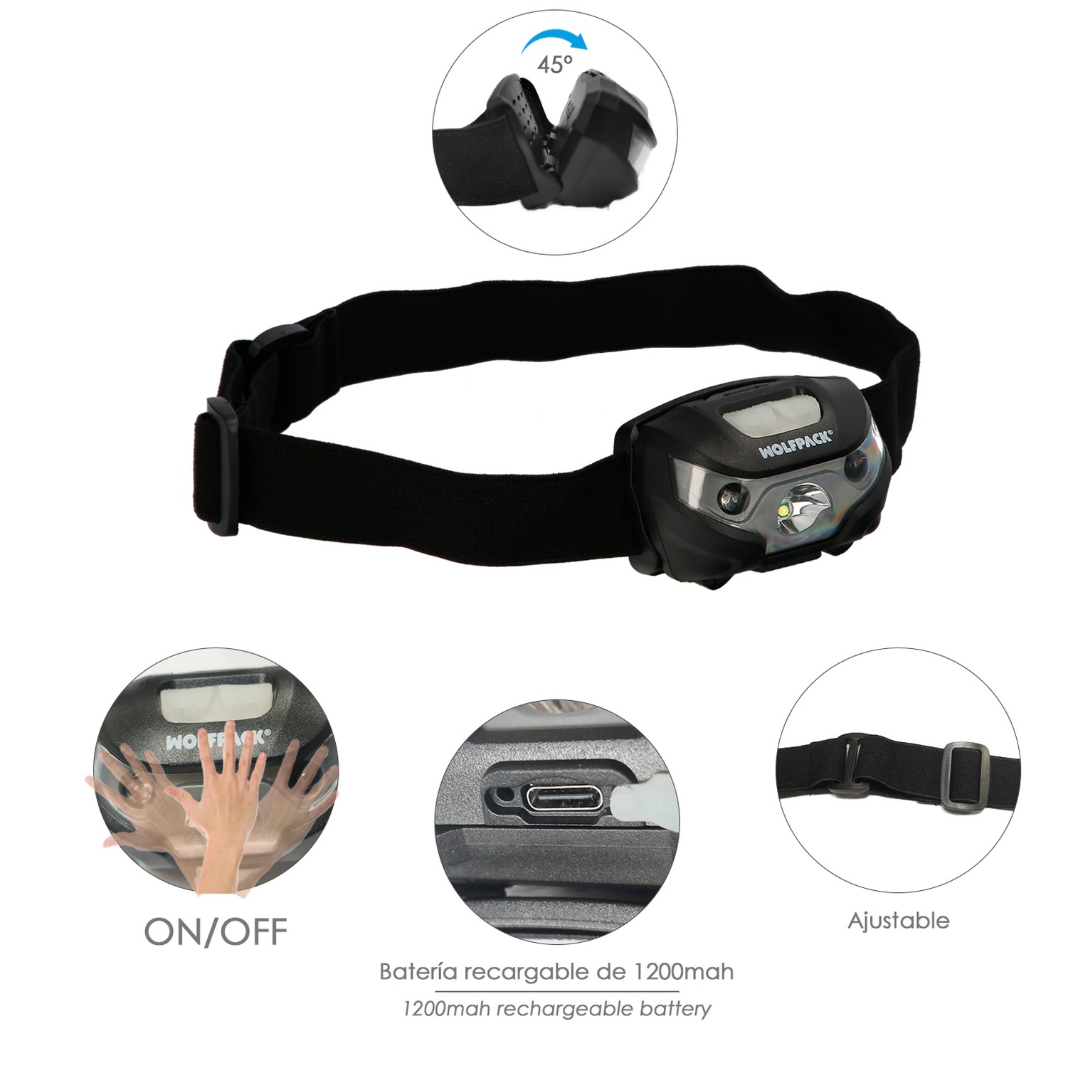 Linterna Led Frontal Cabeza Litio Usb Recargable. 3 modos de luz. 120 LUM. Sensor de encendido y apagado.