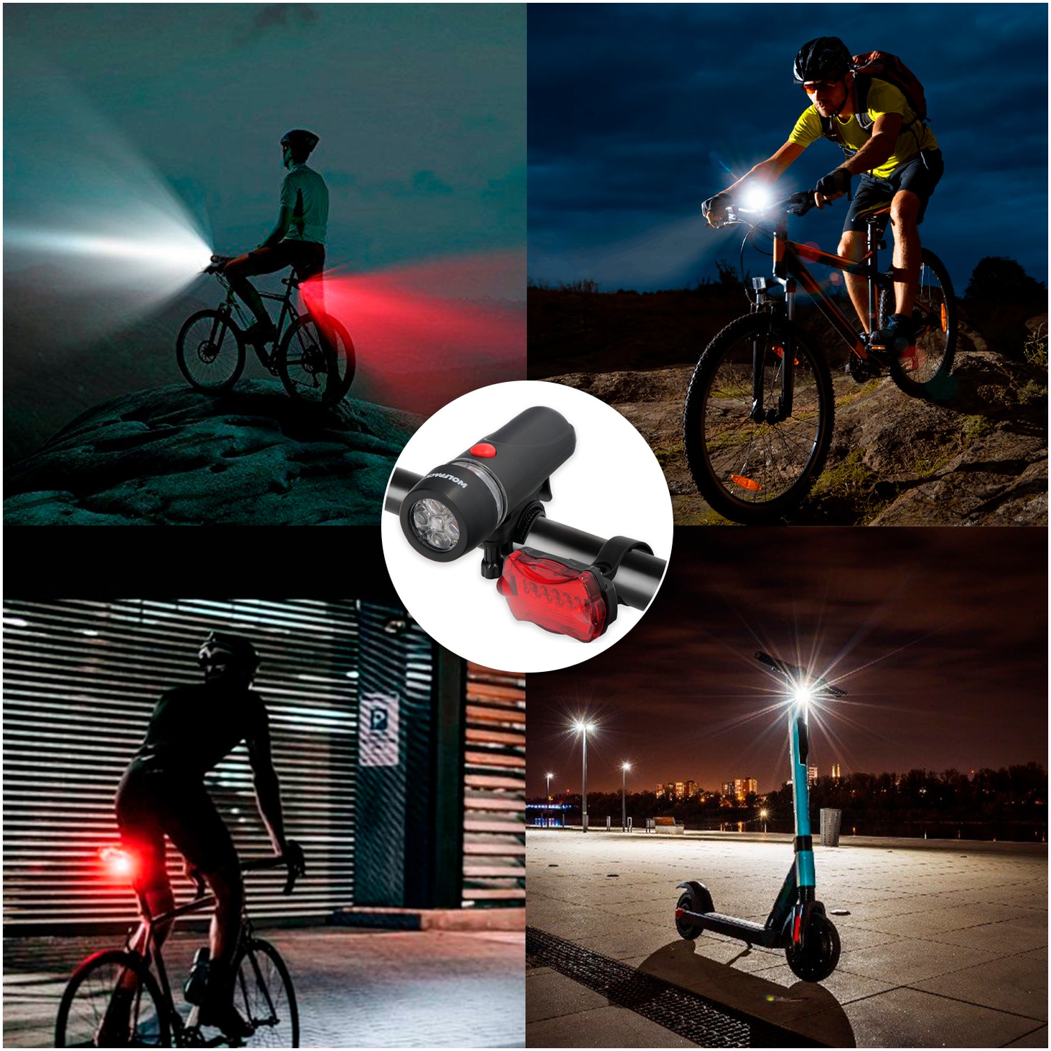 Kit Luces Led Delantera y Trasera Para Bicicleta / Patinete. Funcionamiento a Pilas.