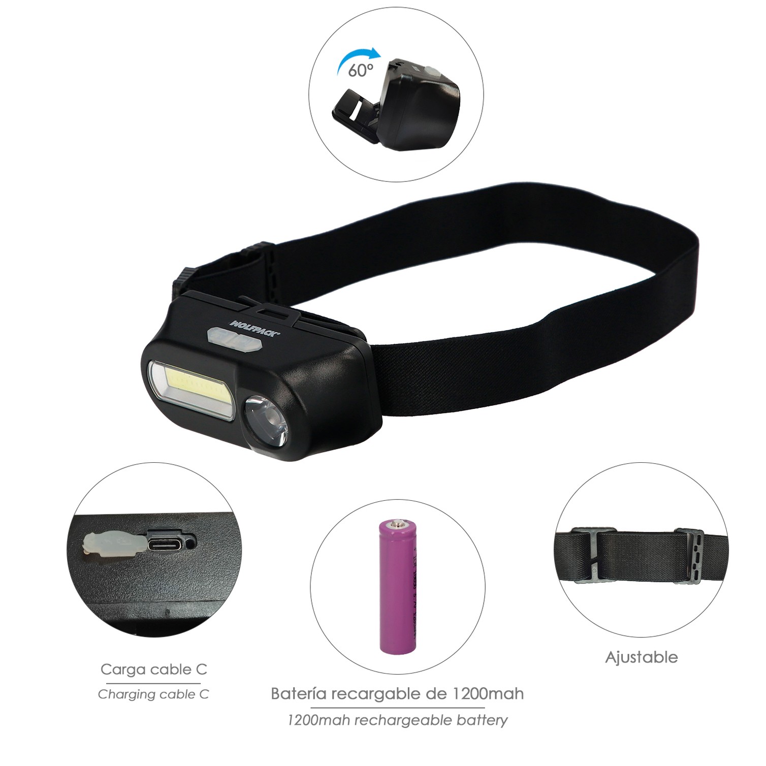 Linterna Led Frontal Cabeza Ajustable 350 Lumenes 4 Modos, Cinta Ajustable, 3 modos de luz. Fuerte, media y flash. 1200Mah
