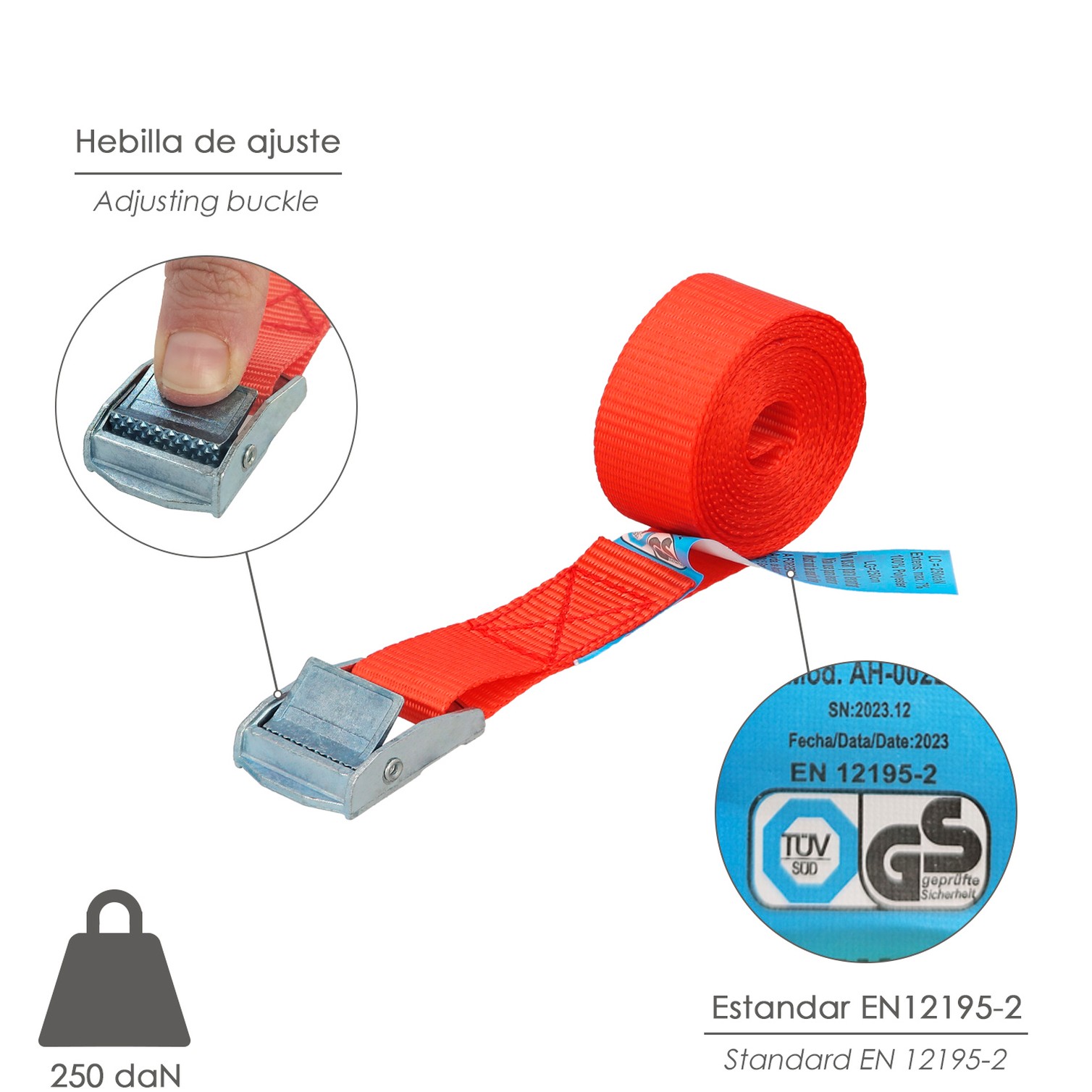 Cinta De Amarre Con Trinquete 2,5 metros x 25 mm. Trinquete Metalico Automatico, Cincha, Eslinga Mercancia, Correa Sujeción